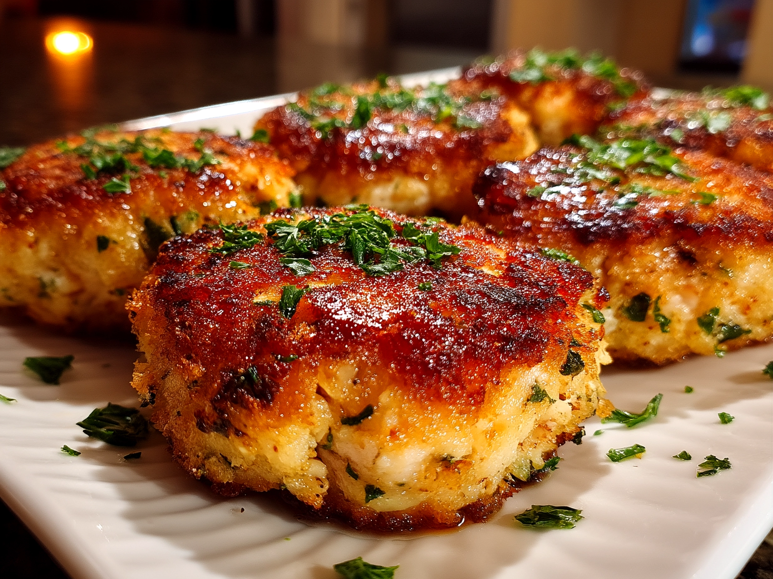 Plated golden fried salmon croquettes garnished with parsley and lemon wedges