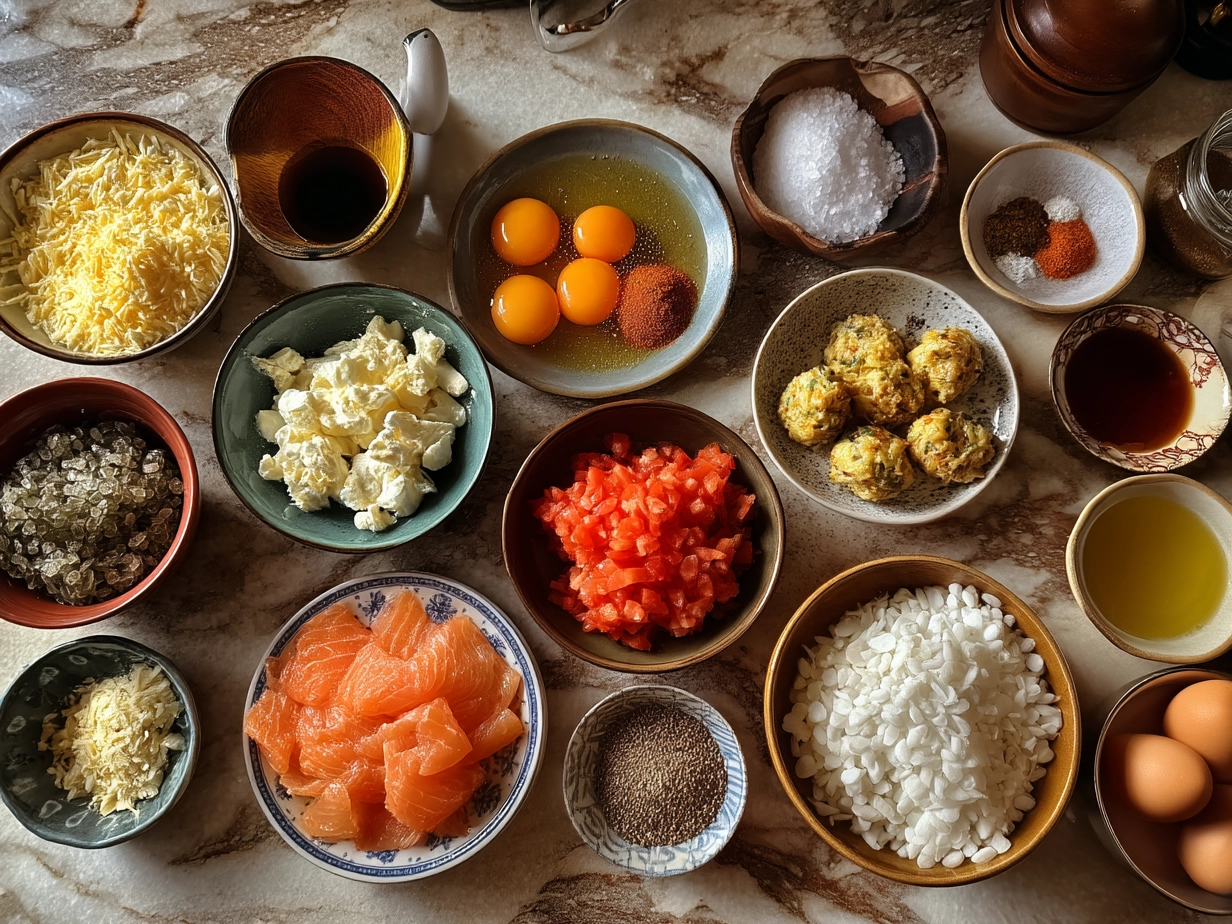 Ingredients for making salmon croquettes including salmon, breadcrumbs, parsley, onions, and seasonings