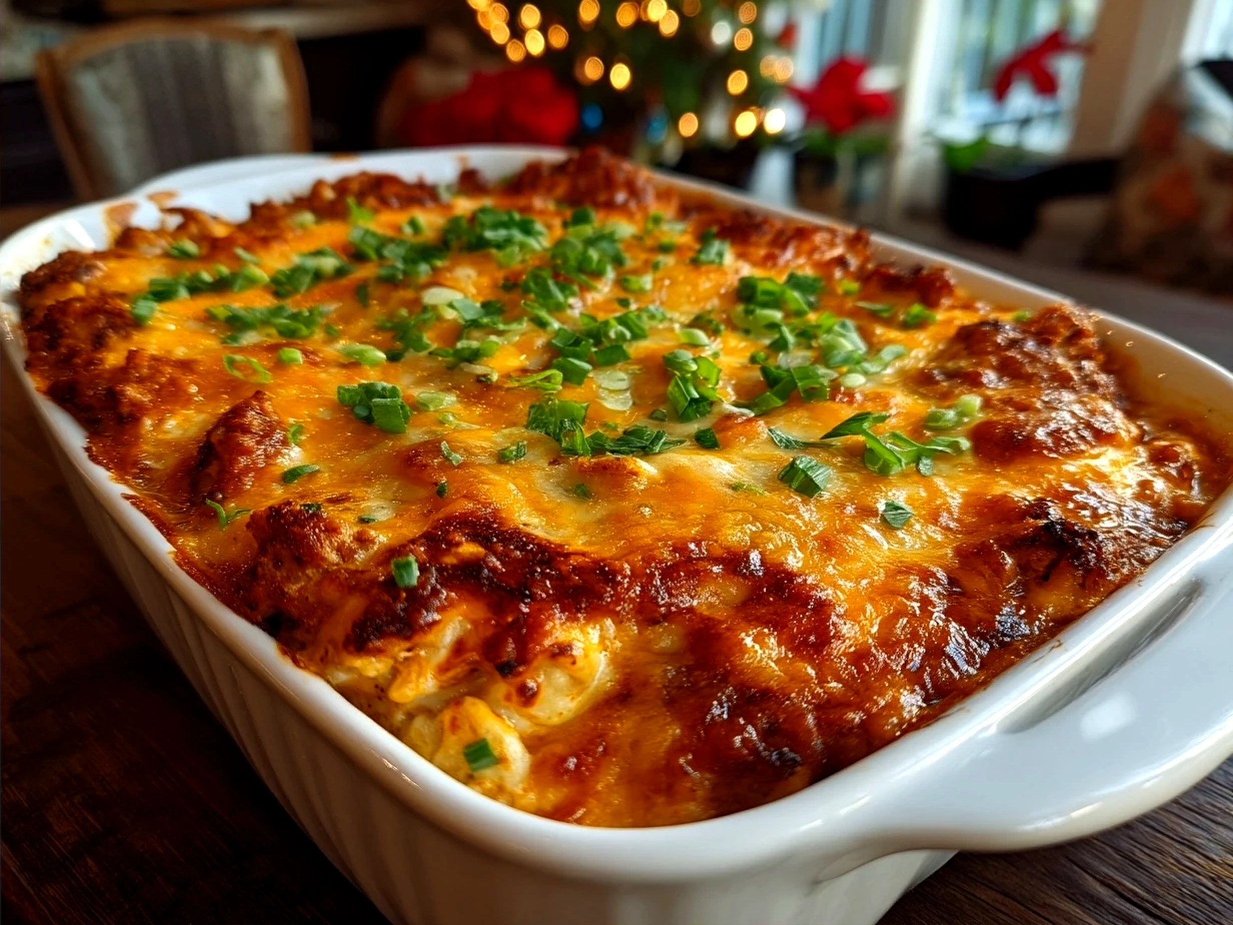 Baked shredded chicken enchilada casserole served in a dish with garnishes and sides