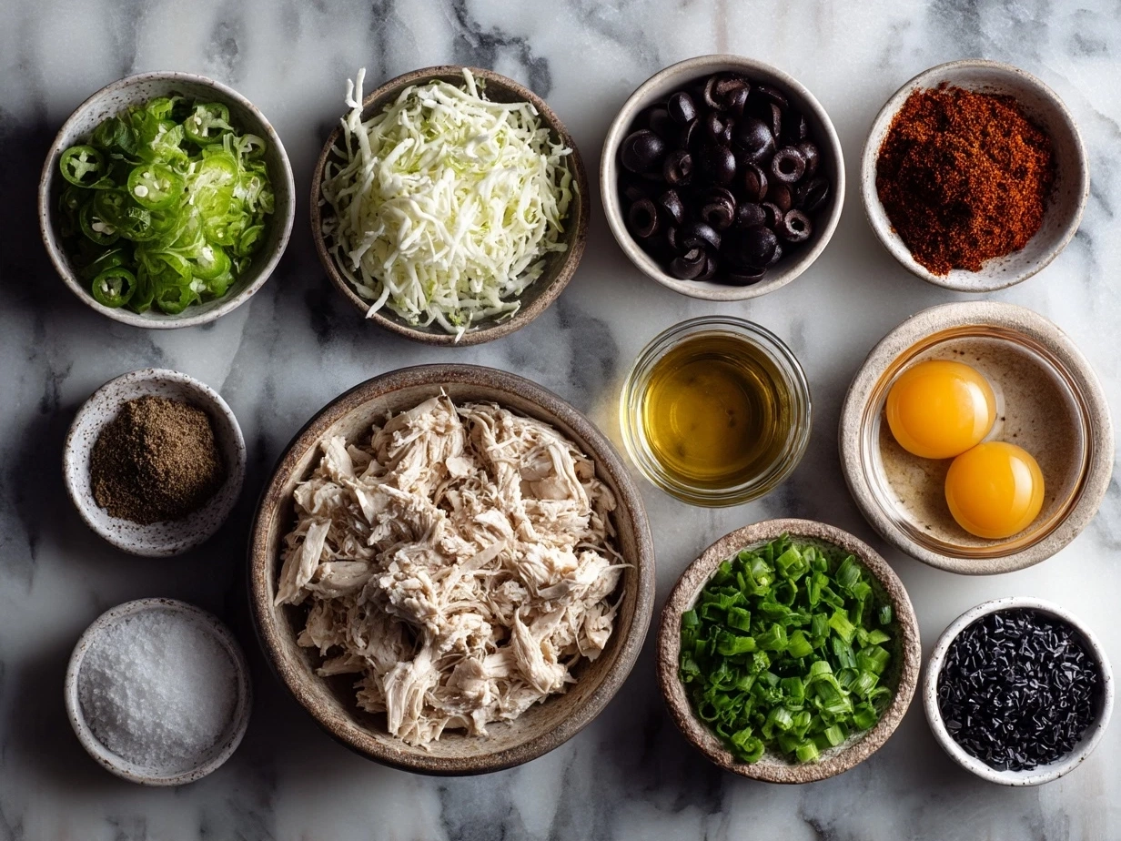 Ingredients for shredded chicken enchilada casserole including shredded chicken, cheese, enchilada sauce, tortillas, and spices
