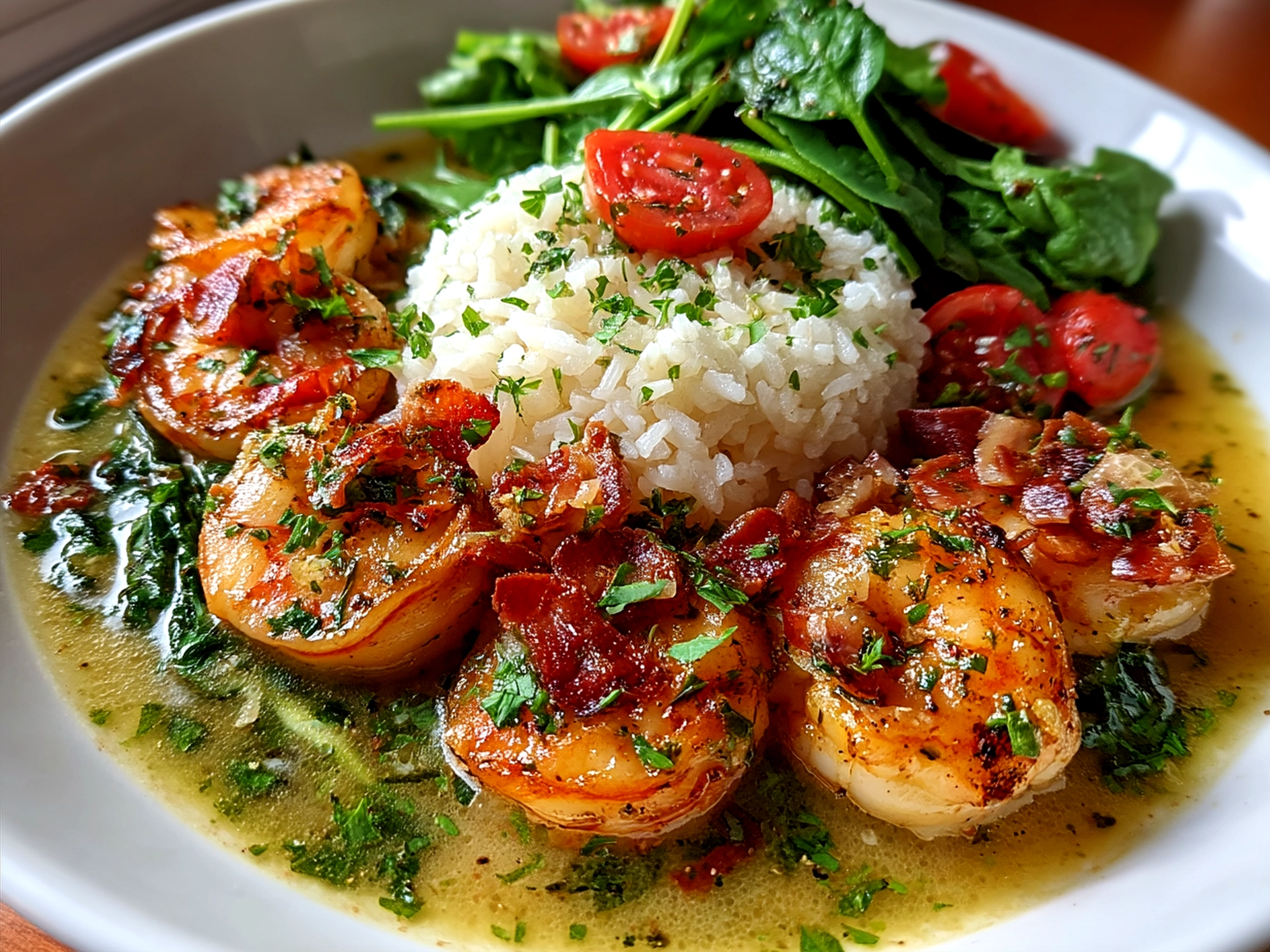 Finished Shrimp Scampi Nourish Bowl with shrimp, greens, quinoa, tomatoes, and cucumber