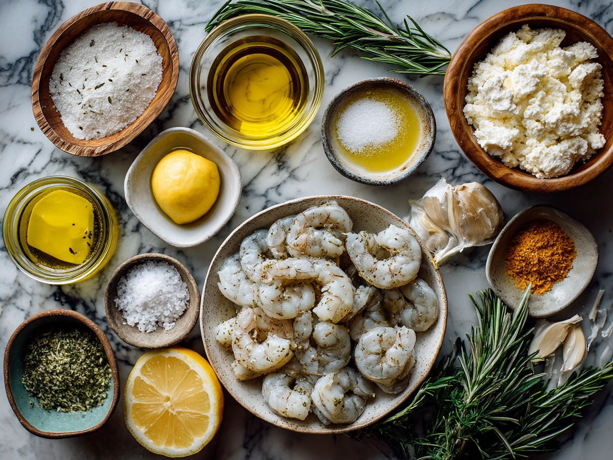 Ingredients laid out for a Shrimp Scampi Nourish Bowl including shrimp, garlic, butter, lemon, and fresh greens