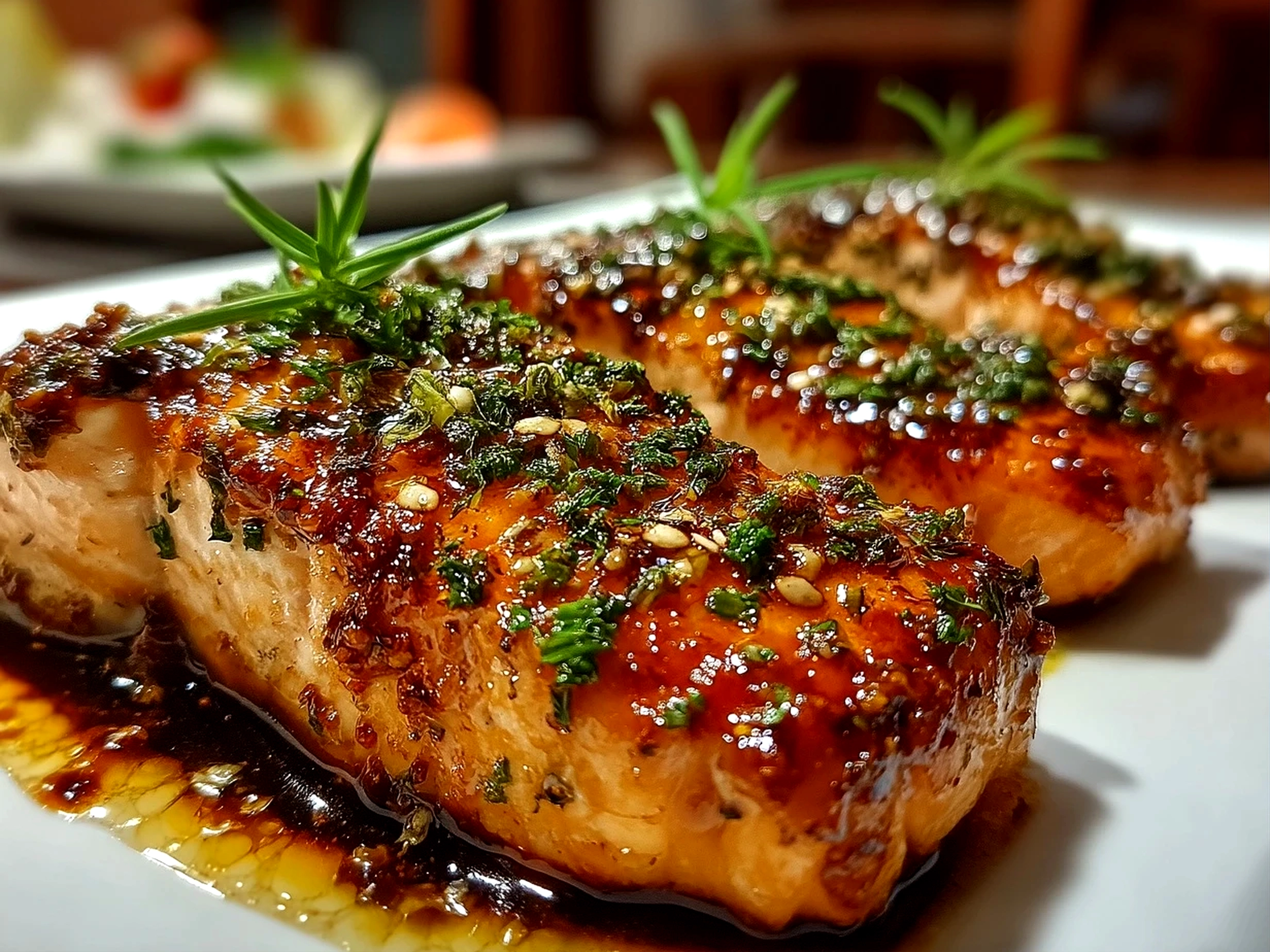 Slight angle close up of finished Bang Bang Salmon on a white plate with garnish