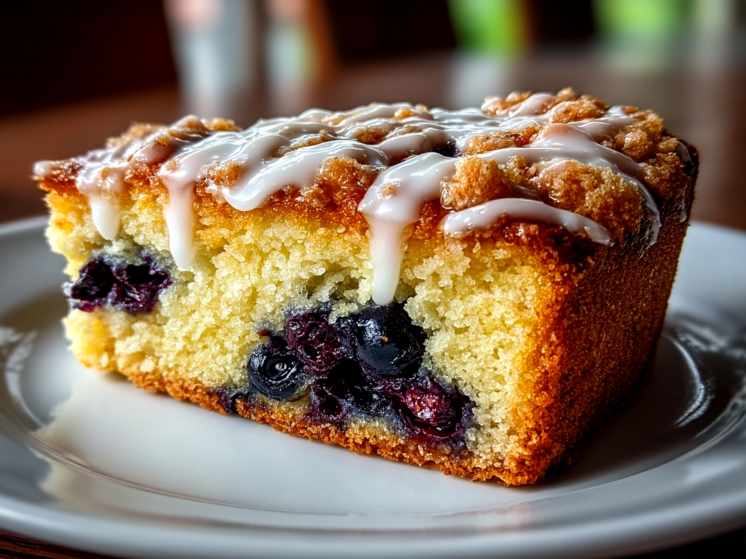 Slight angle close-up of a finished Blueberry Sour Cream Coffee Cake slice