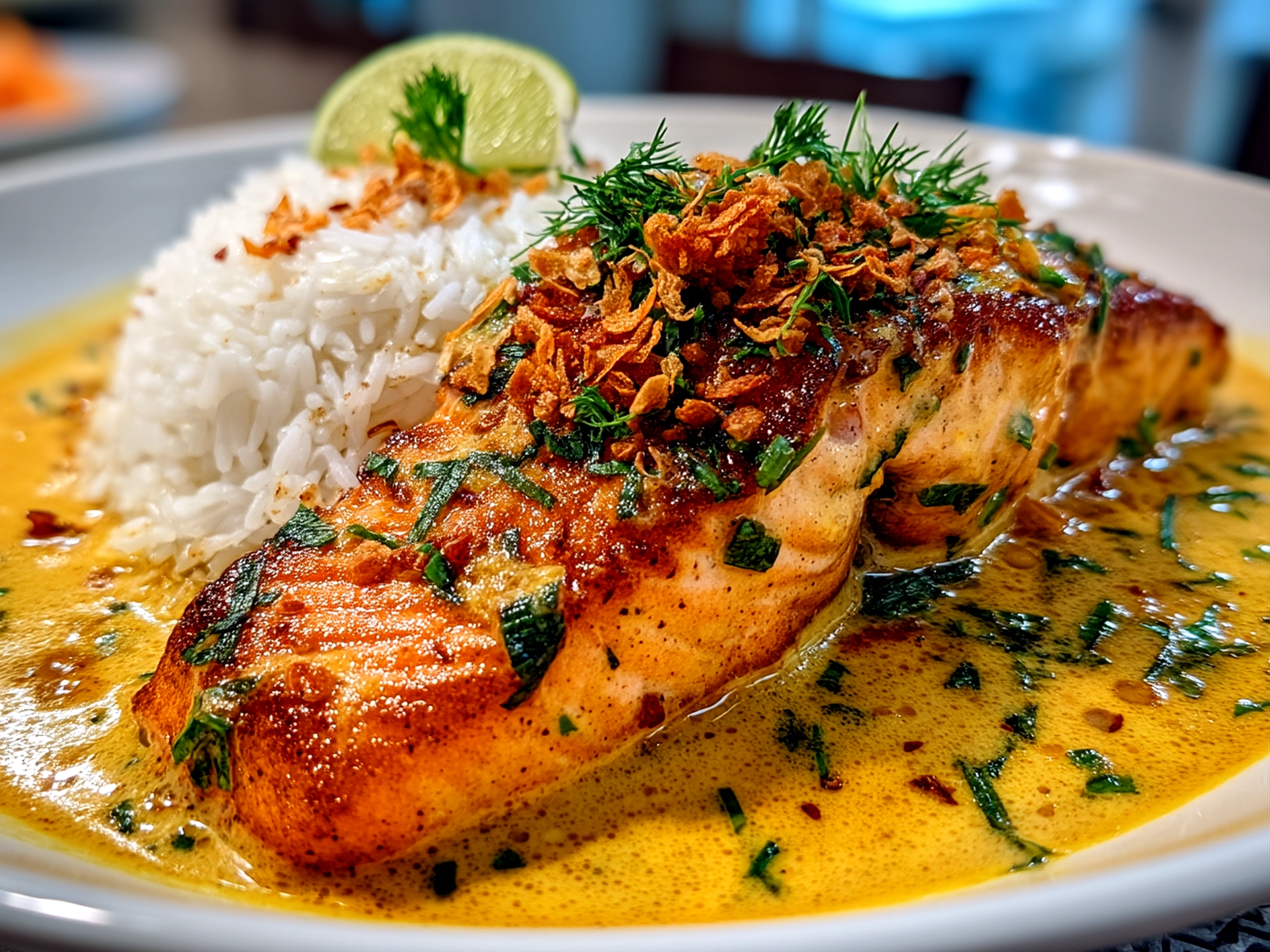 Close up of finished Caribbean-Style Coconut Curry Salmon with fresh cilantro and lime garnish