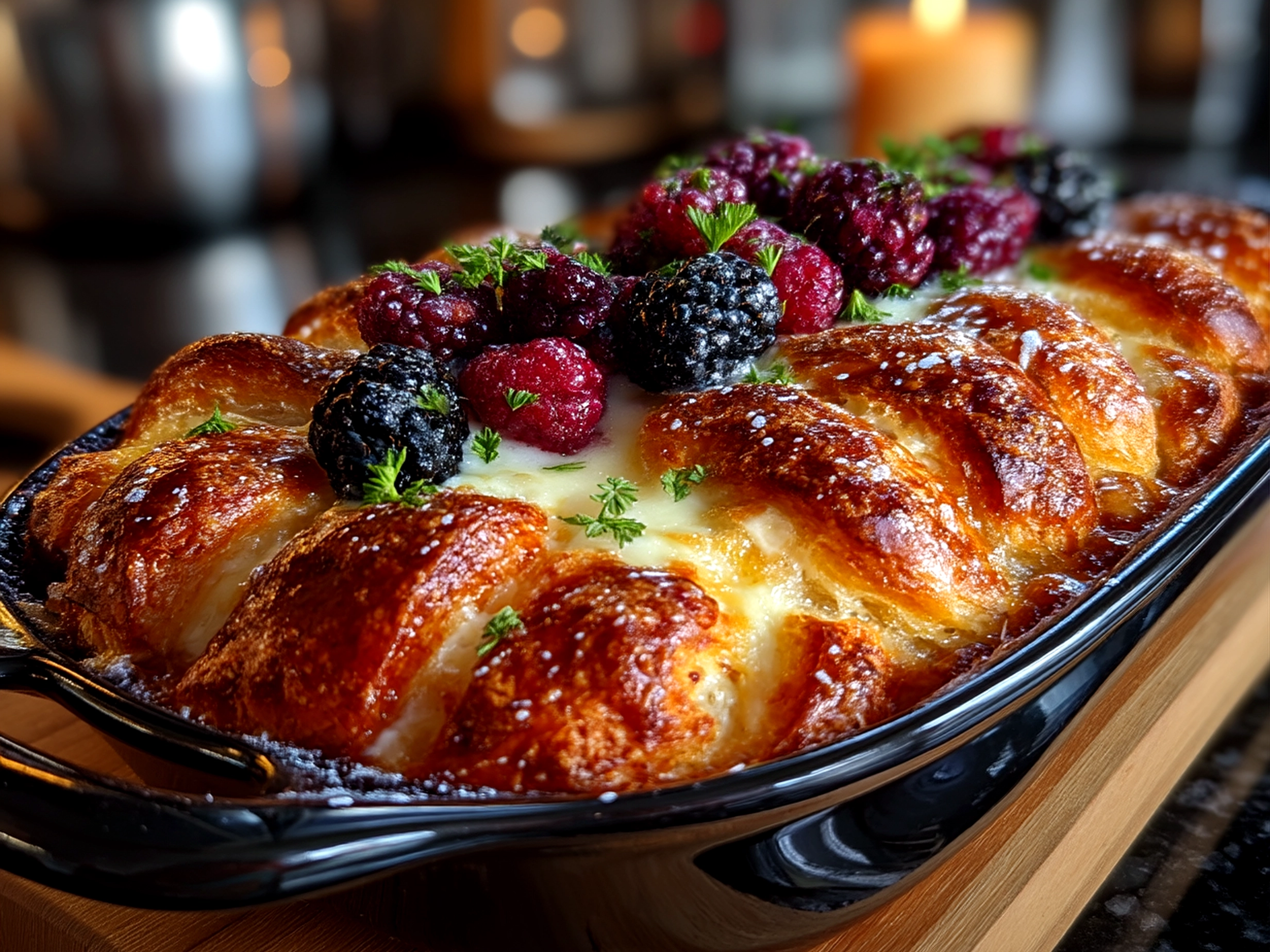 Close-up of finished comforting Berry Croissant Bake with golden crust and fresh berries