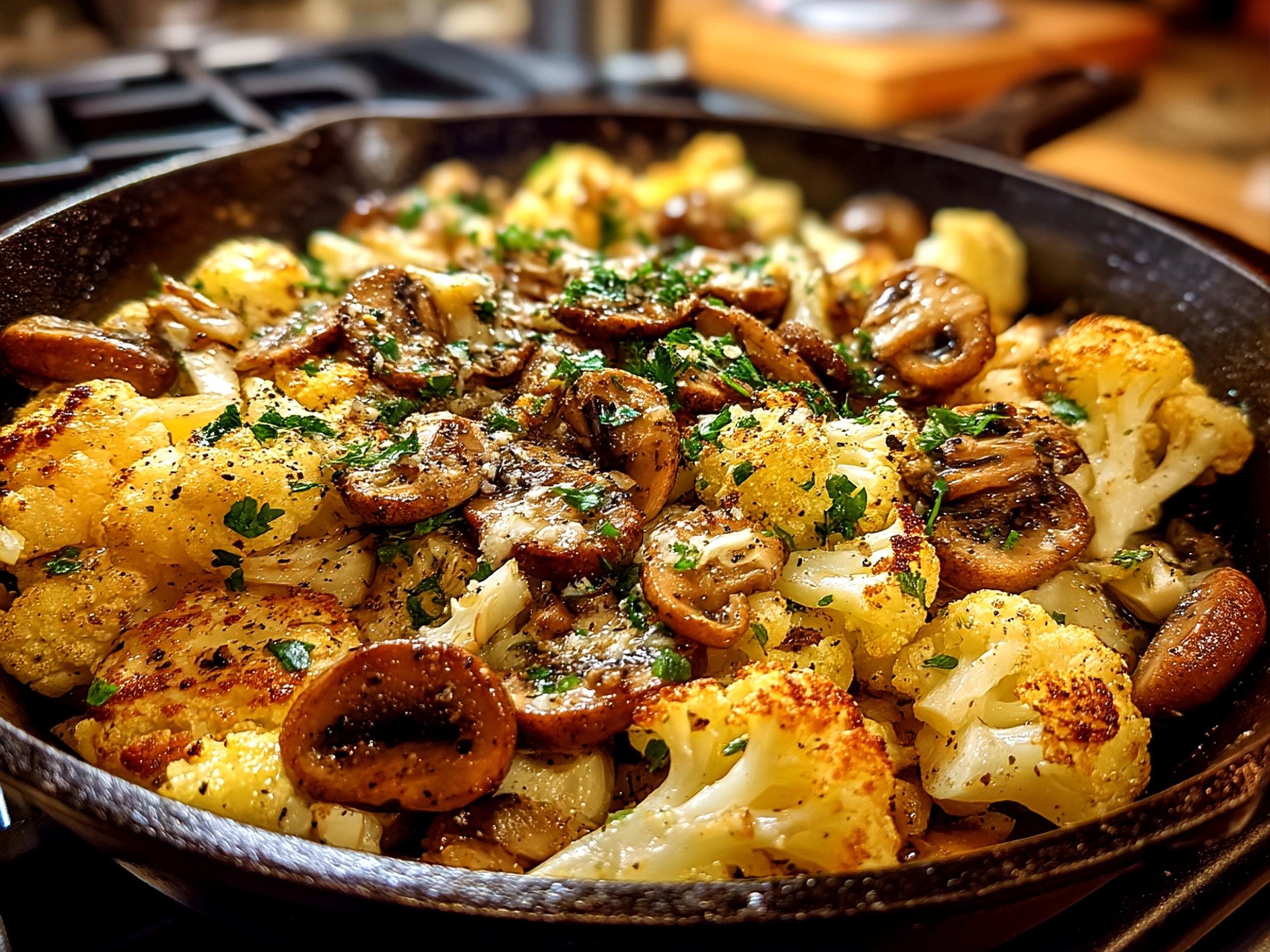 Slight angle close up of finished comforting garlic cauliflower mushroom skillet