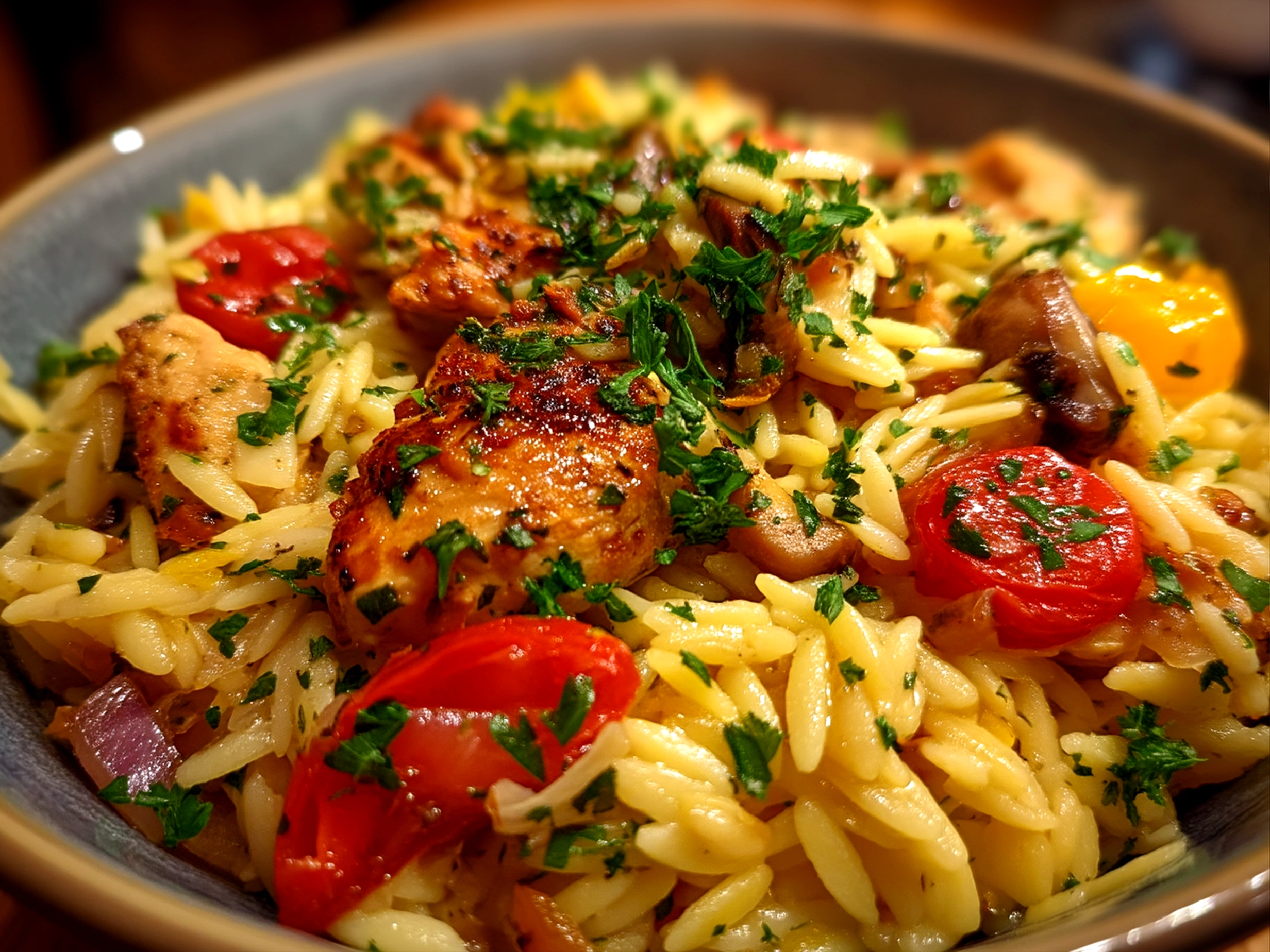 Slight angle close up of finished fresh Mediterranean Chicken Orzo