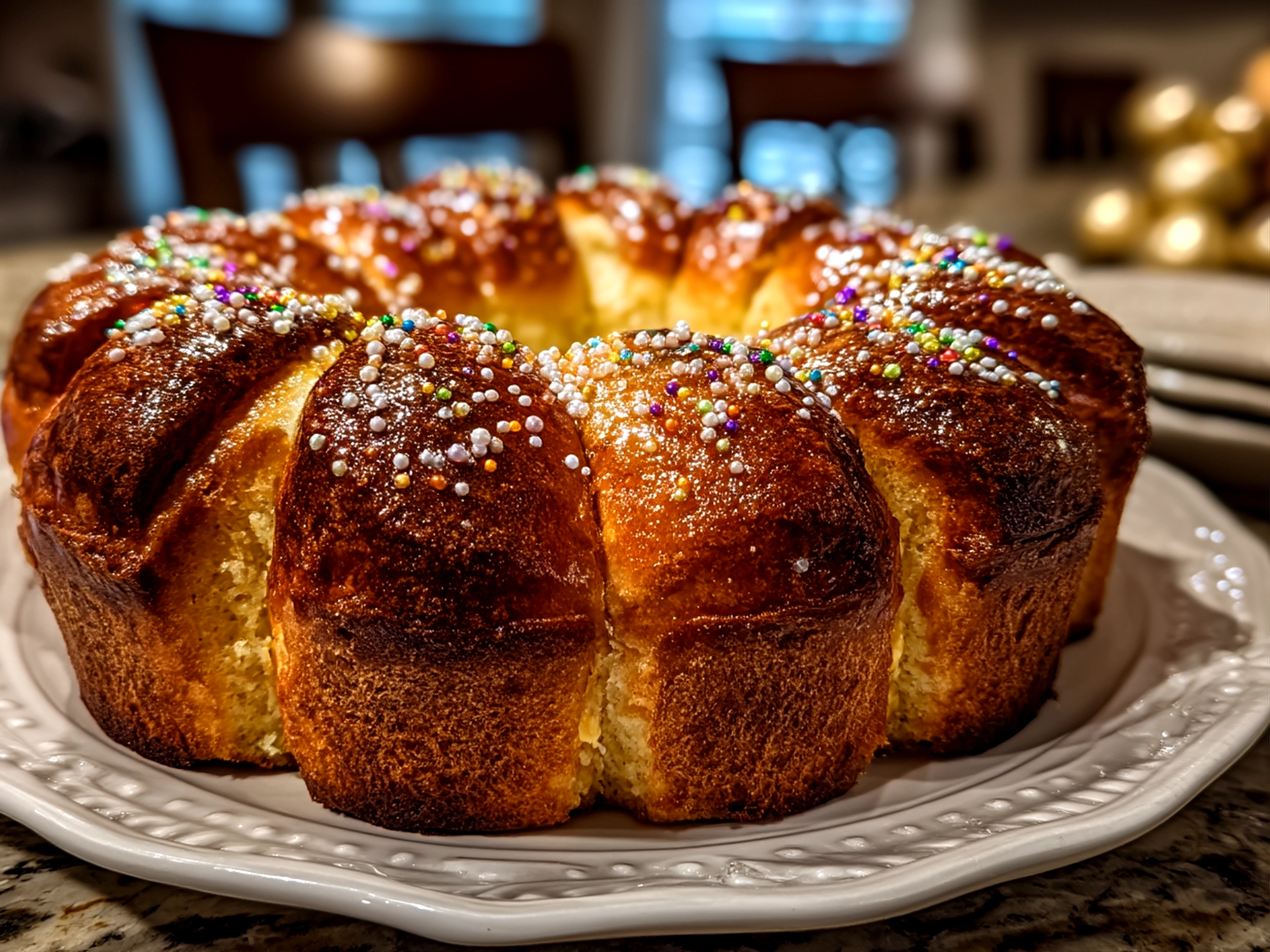 Slight angle close-up of finished Mardi Gras King Cake