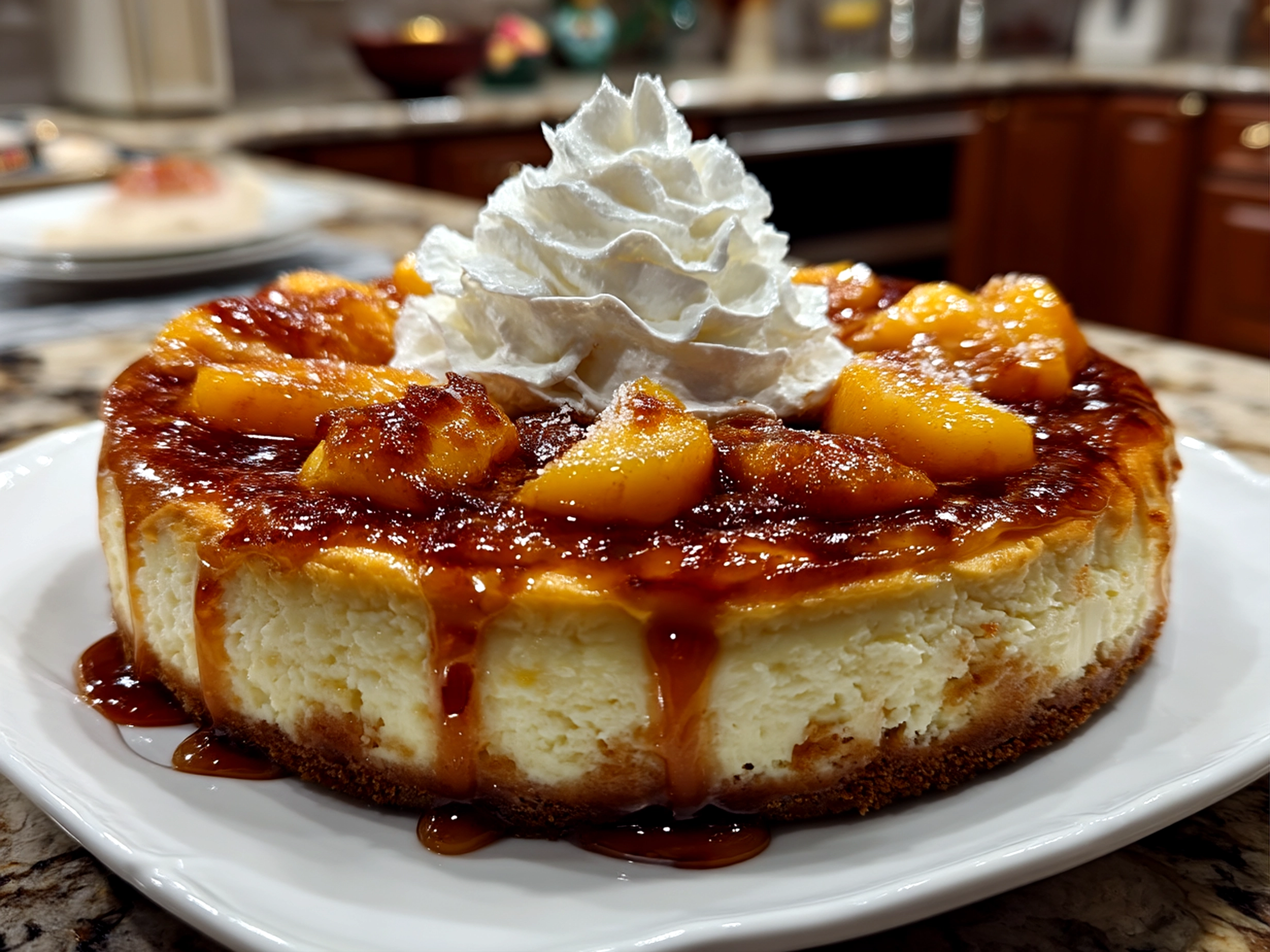 Slight angle close-up of finished Peach Cobbler Cheesecake showcasing creamy filling and peach slices