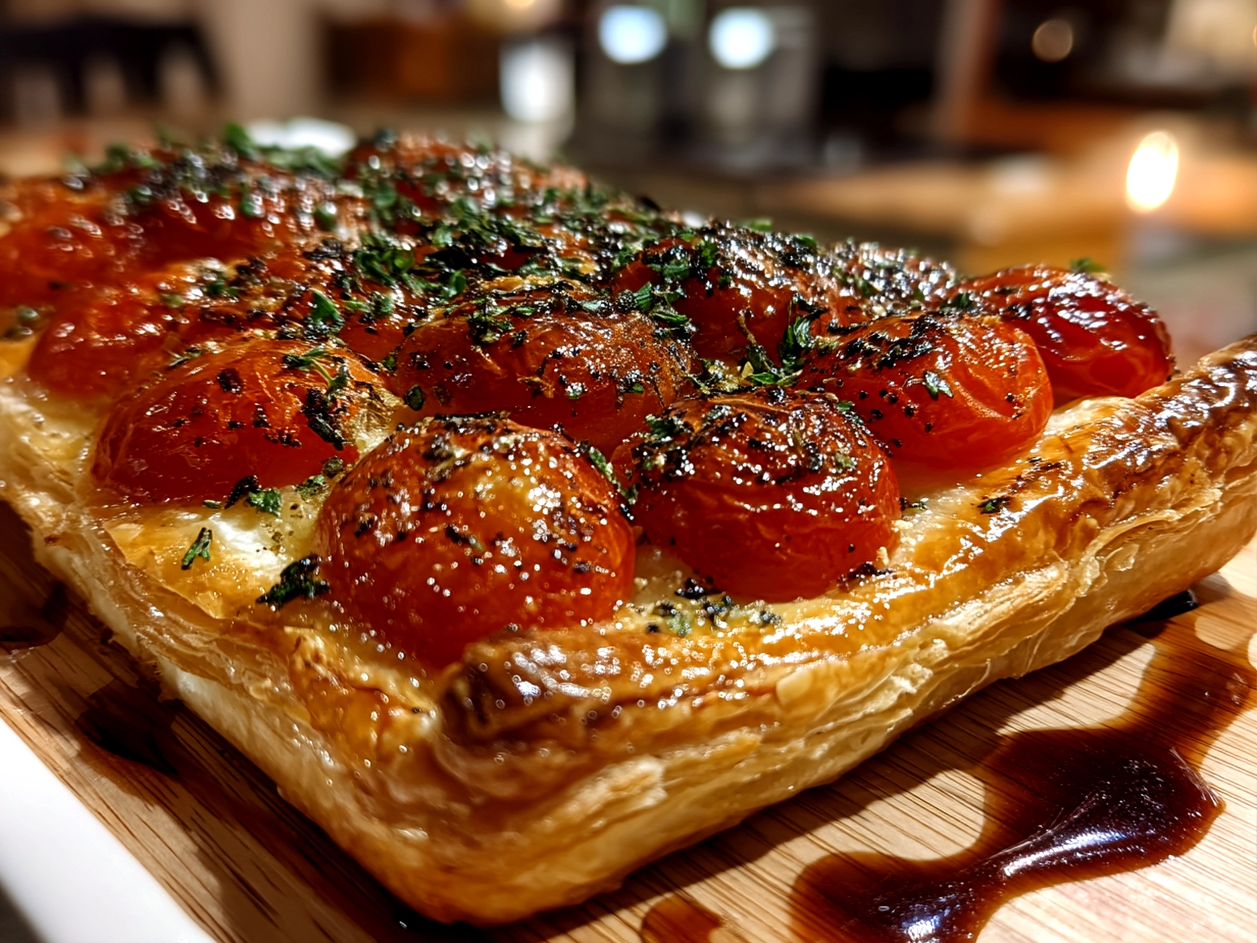 Slight angle close up of finished Puff Pastry Caprese with fresh basil and tomato