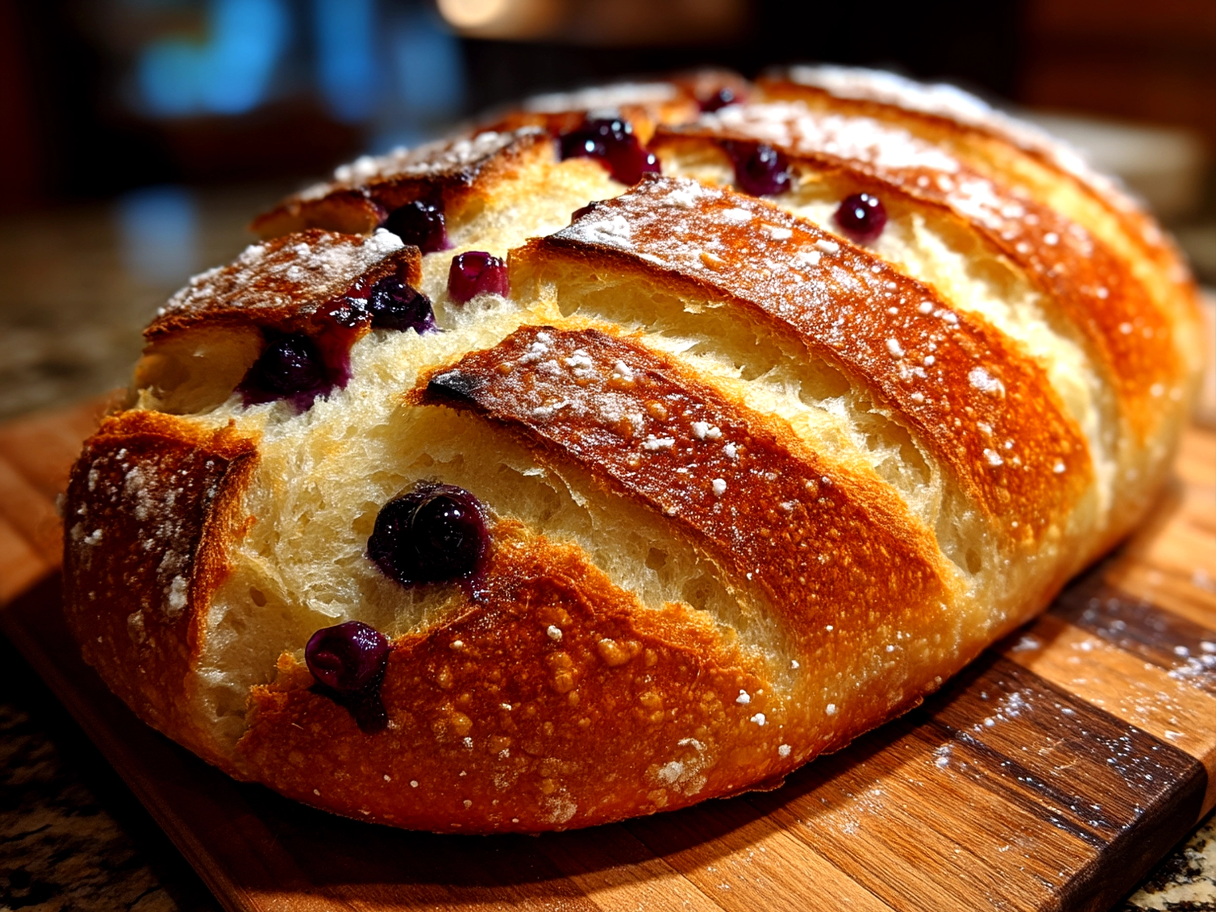 Close-up of a finished Lemon Blueberry Sourdough Bread loaf with a golden crust