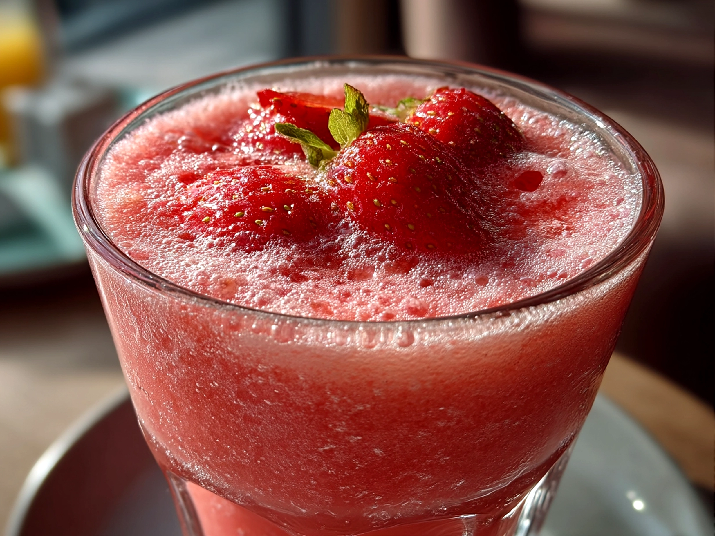 Slight angle close-up of a finished Strawberry Daiquiri with garnish
