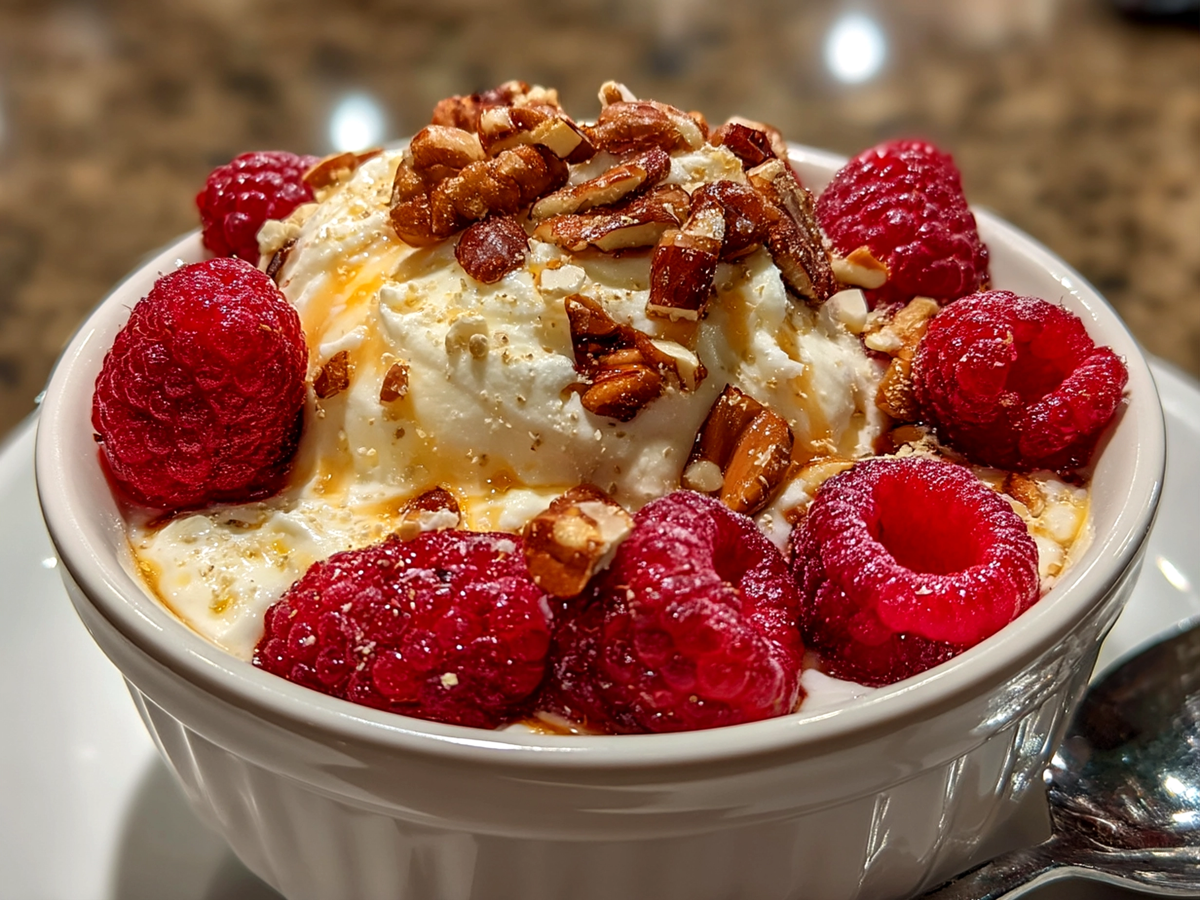 Slight angle close up of finished Valentine Treats Greek Yogurt Bowl with strawberries and pomegranate