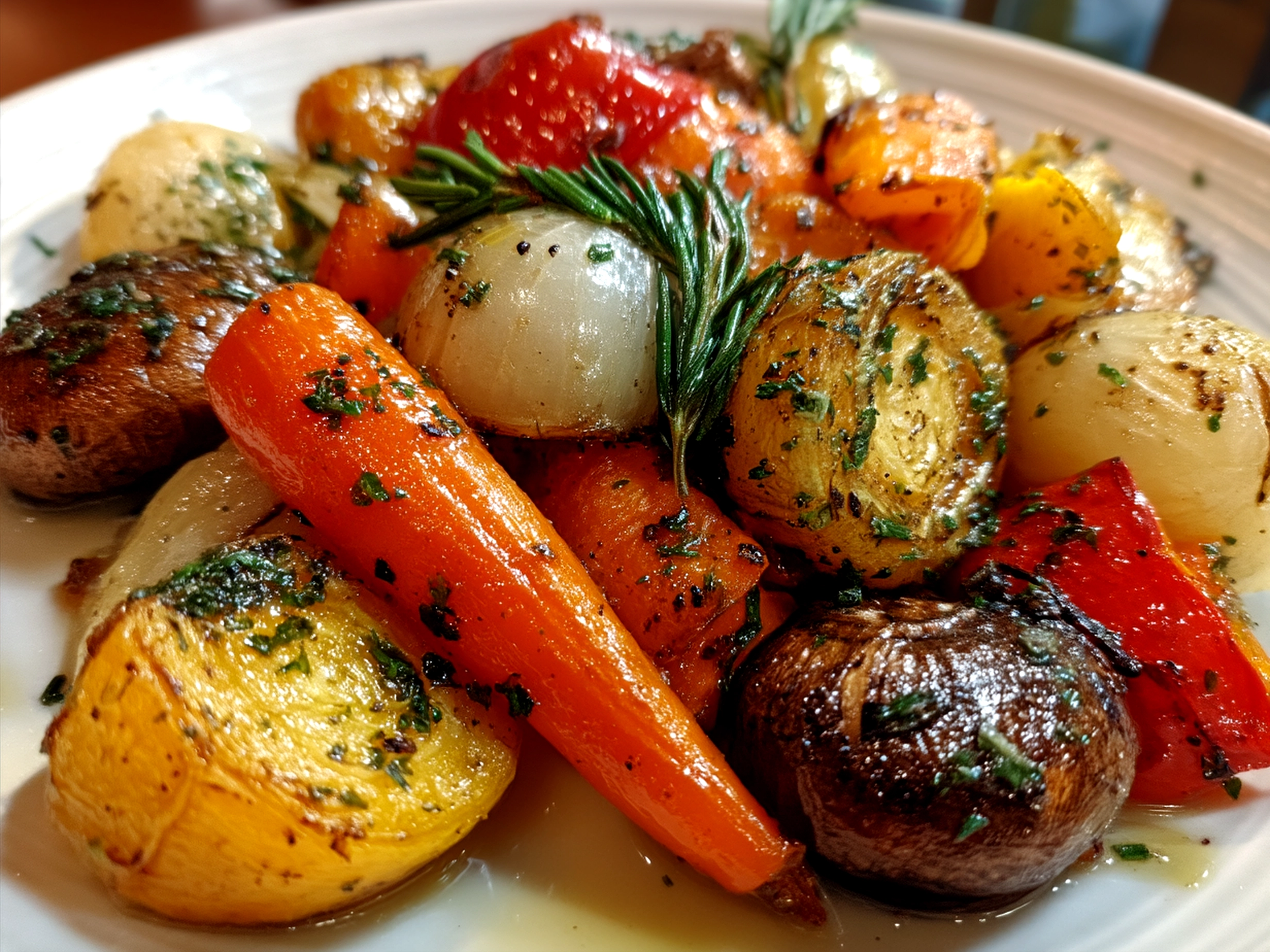 A bowl of Slow Cooker Roasted Fall Vegetables served on a rustic wooden table