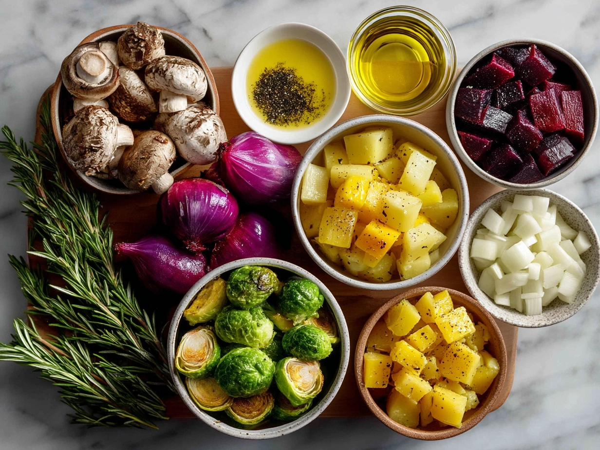 Fresh ingredients for Slow Cooker Roasted Fall Vegetables laid out on a wooden surface