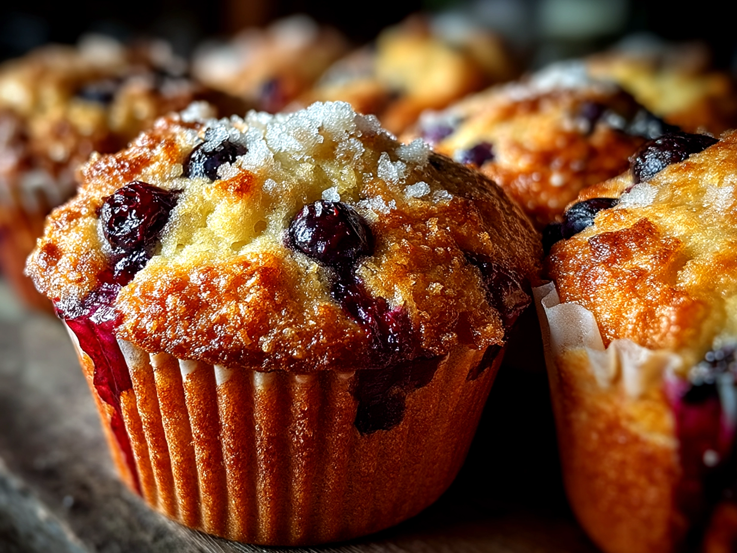 Fresh baked sourdough blueberry muffins served warm in a rustic basket lined with a linen napkin