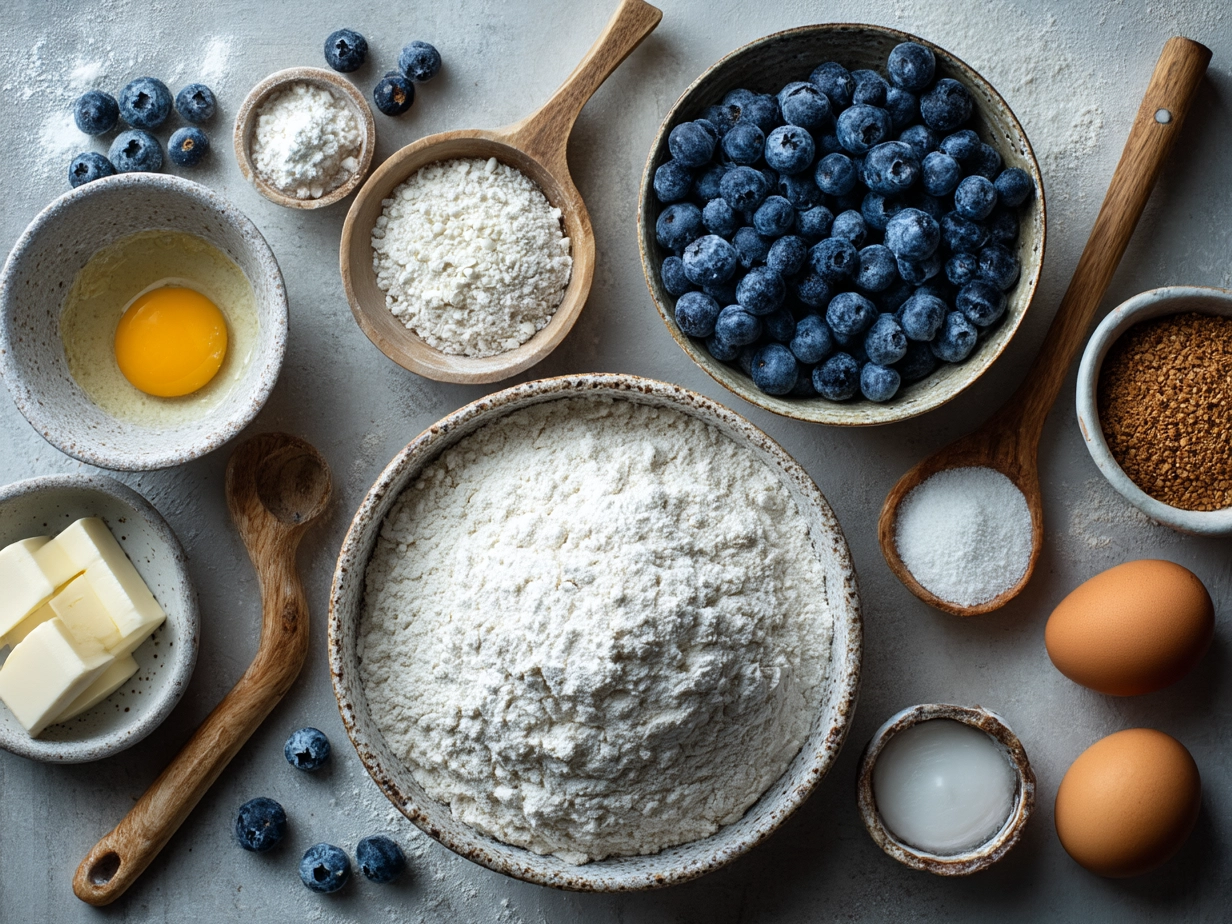 Ingredients for sourdough blueberry muffins including sourdough starter, flour, sugar, butter, milk, egg, baking soda, salt, and fresh blueberries