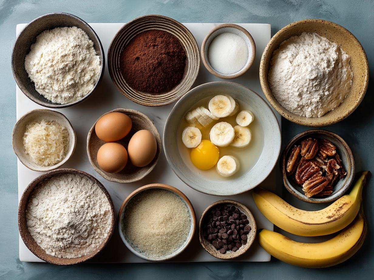 Ingredients for sourdough discard banana muffins including bananas, flour, sugar, eggs, butter and sourdough discard