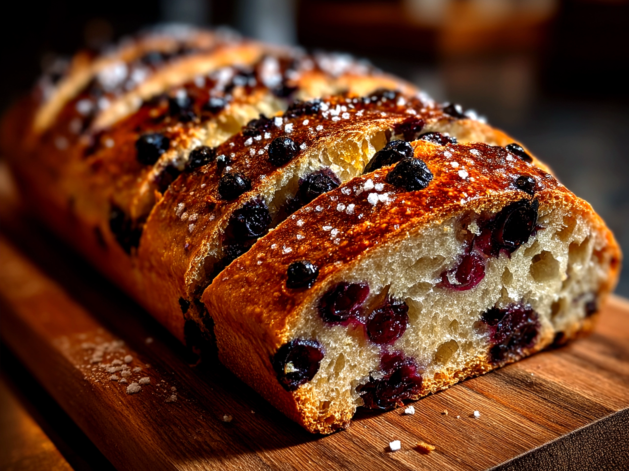 Slices of sourdough discard blueberry bread served on a wooden board with a knife and wildflower honey