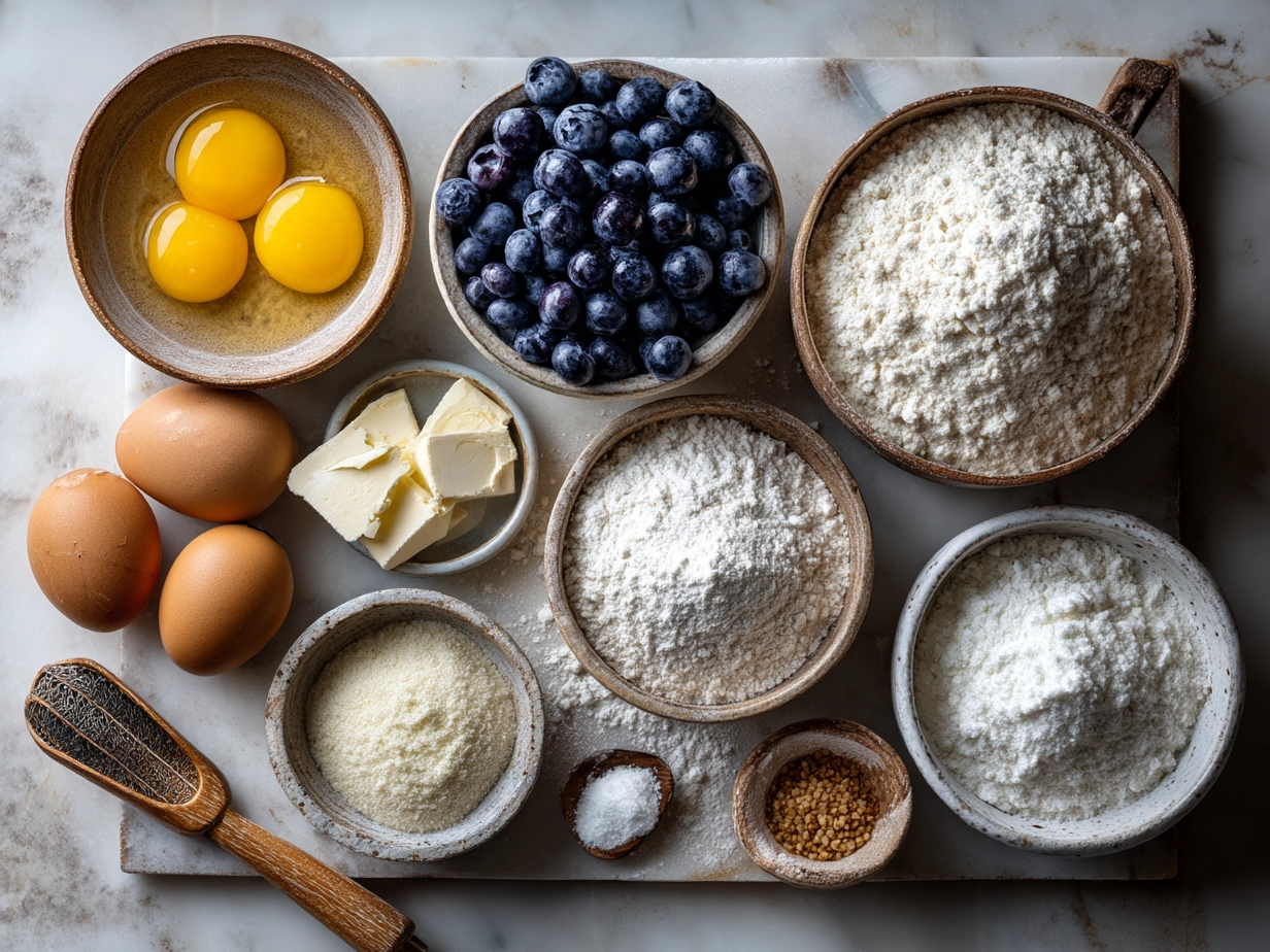 Ingredients arranged for sourdough discard blueberry bread including flour, fresh blueberries, sourdough discard, and other baking essentials