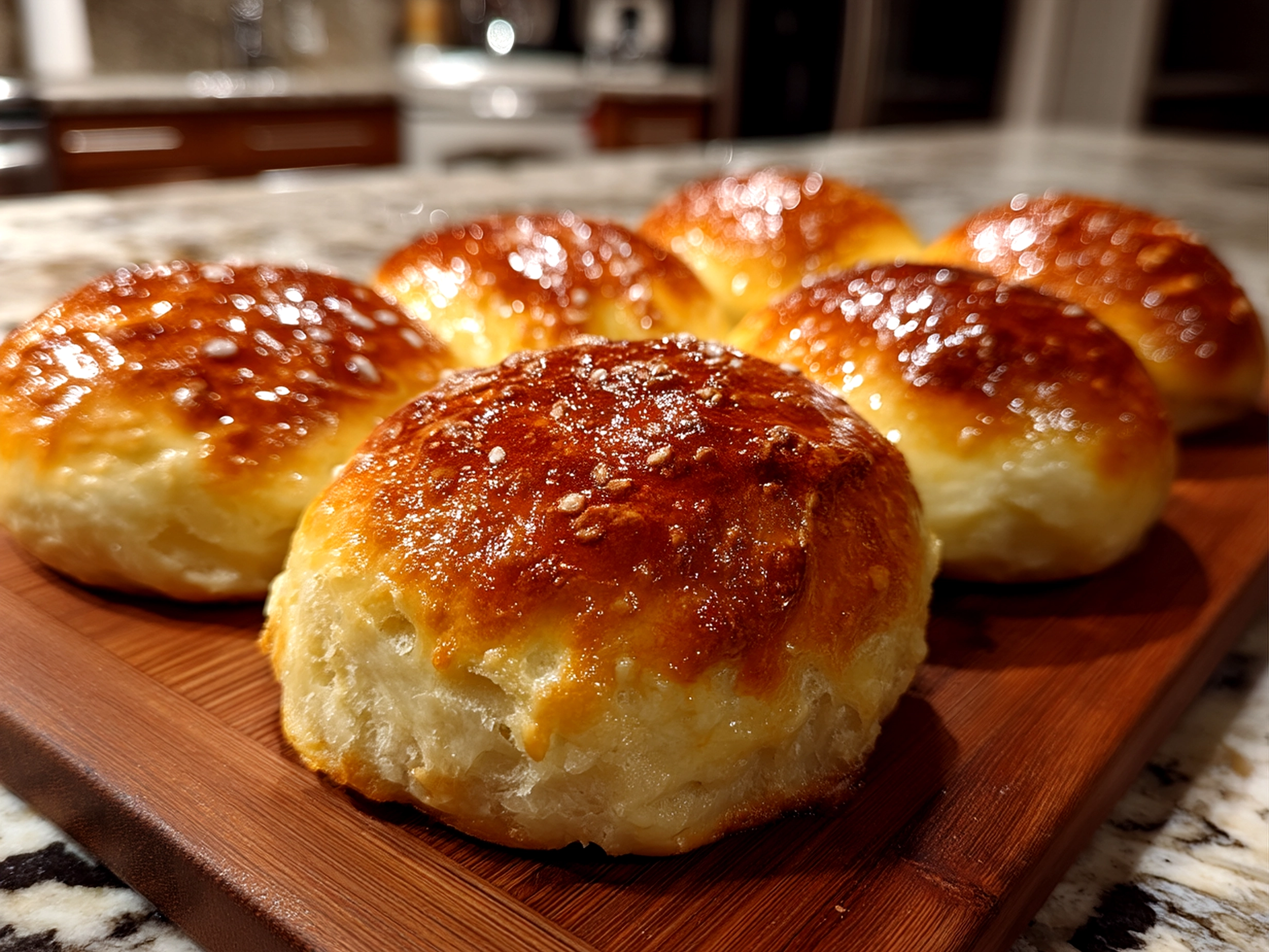 Freshly baked sourdough discard kolaches arranged on a rustic plate garnished with herbs