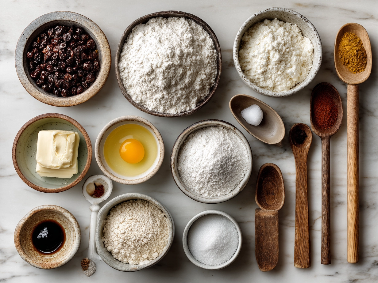 Ingredients for sourdough discard kolaches including flour, butter, milk, sourdough discard, and fillings