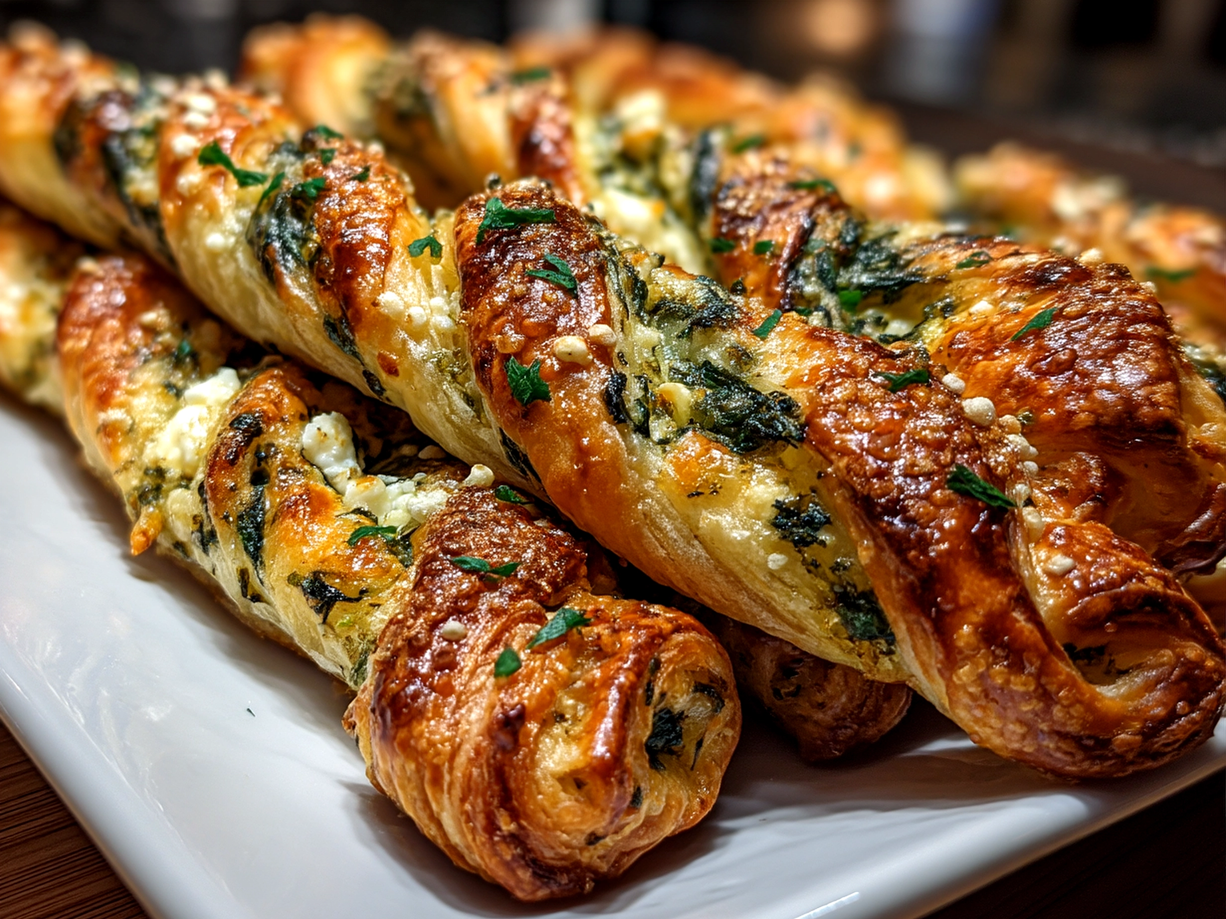 Freshly baked Spinach and Feta Puff Pastry Twists arranged invitingly on a serving dish.