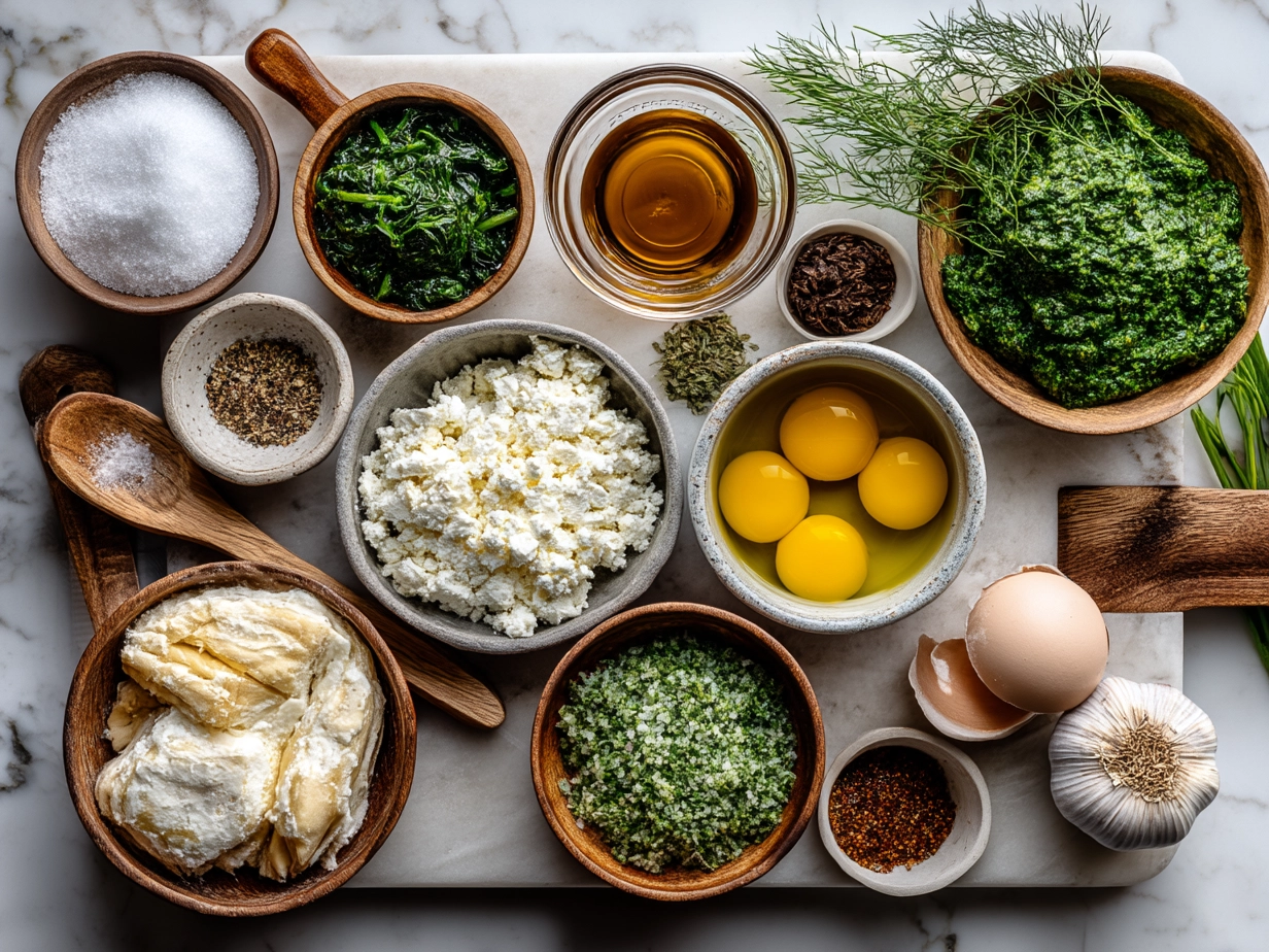 Ingredients for Spinach and Feta Puff Pastry Twists laid out including puff pastry, feta cheese, fresh spinach, garlic, onion, egg, and olive oil.