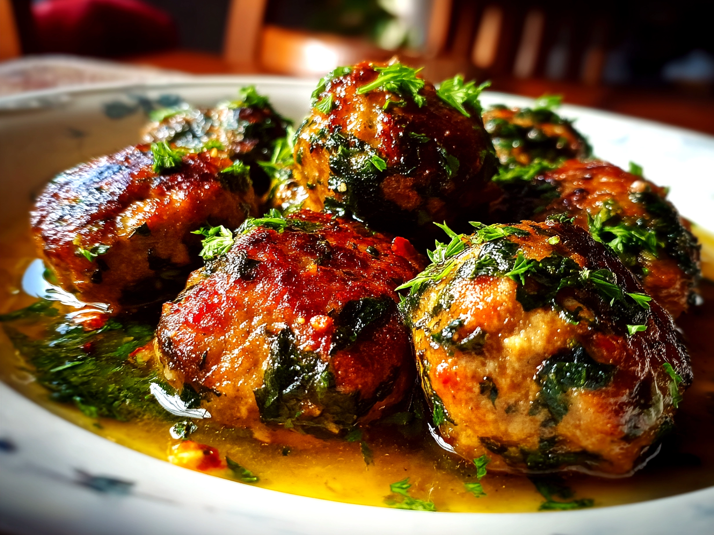 Finished Spinach Garlic Meatballs plated and garnished with fresh parsley and Parmesan cheese