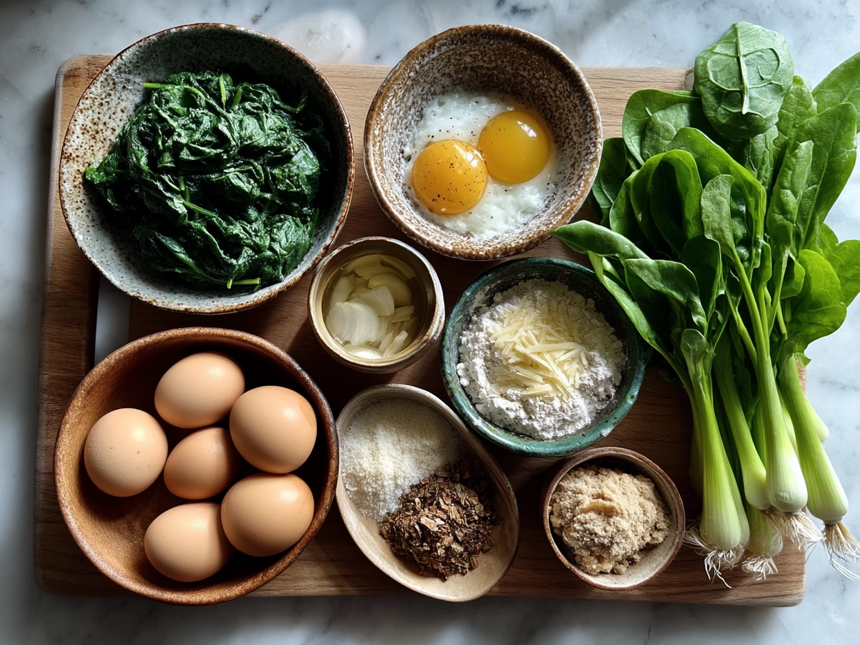 Ingredients for Spinach Garlic Meatballs including ground meat, fresh spinach, garlic, breadcrumbs, Parmesan, and parsley