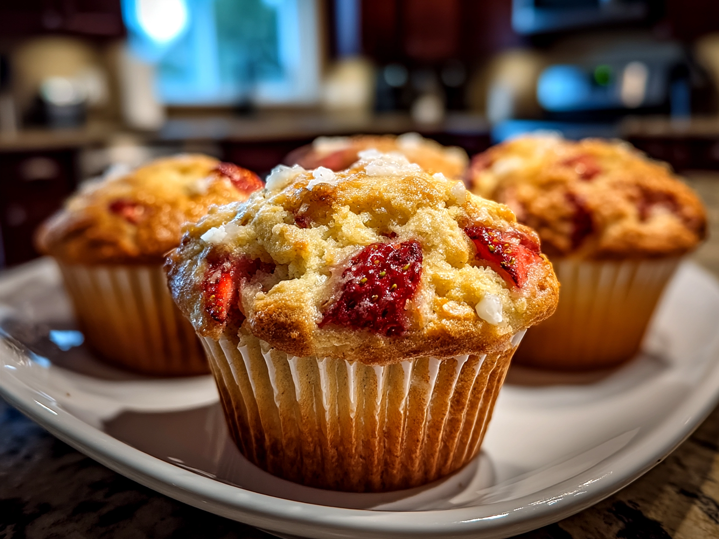 A plate of freshly baked Strawberry Ricotta Muffins served for brunch