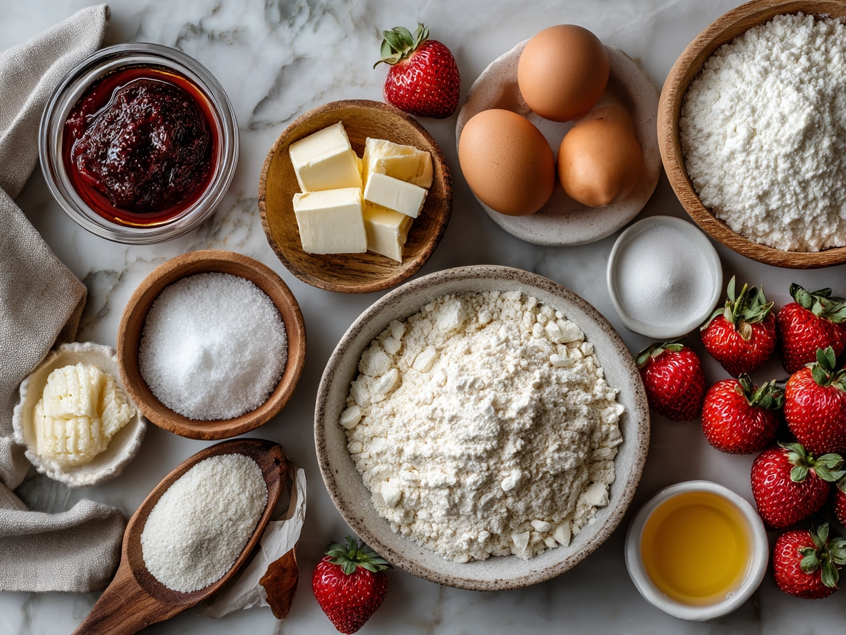 Fresh ingredients for Strawberry Ricotta Muffins including flour, sugar, eggs, ricotta cheese, and fresh strawberries