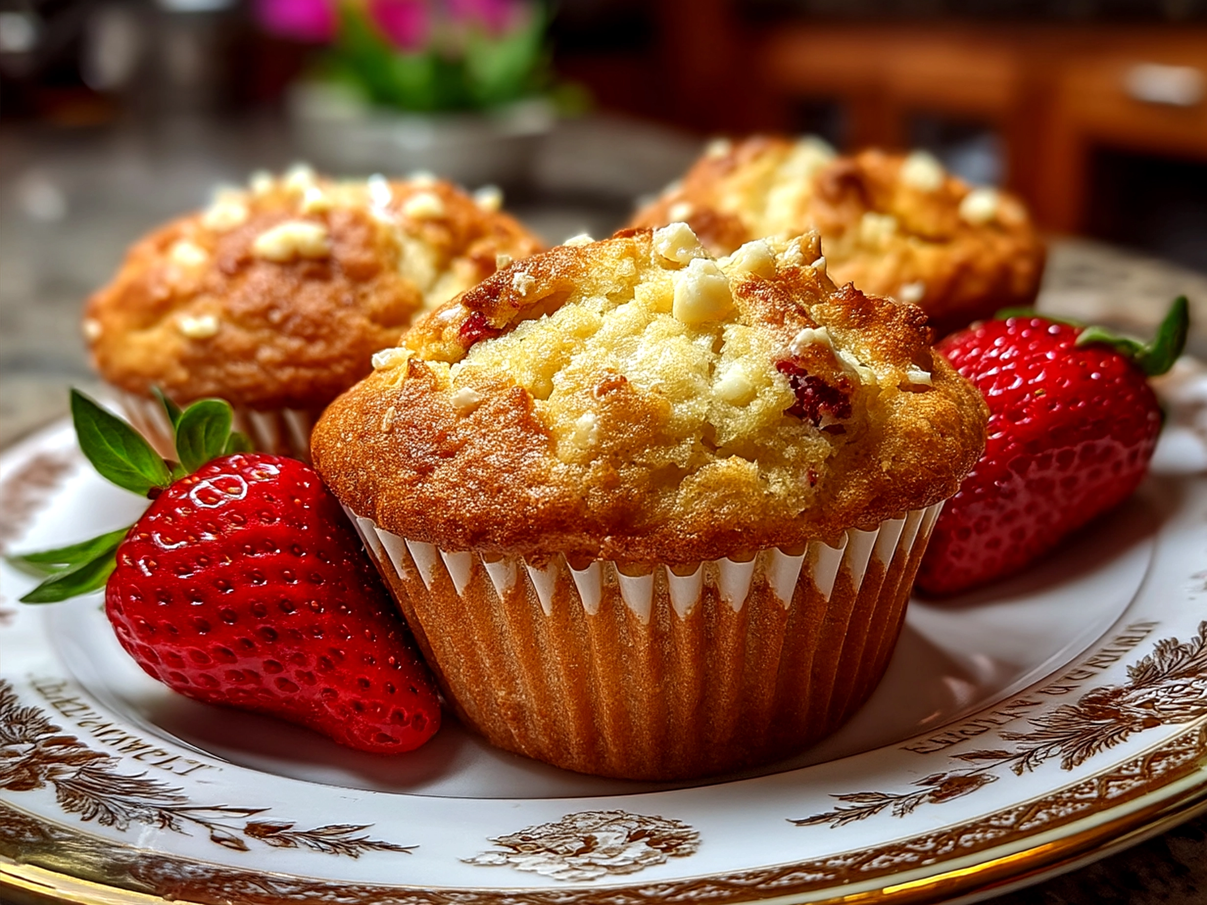 Freshly baked Strawberry White Chocolate Muffins served on a plate