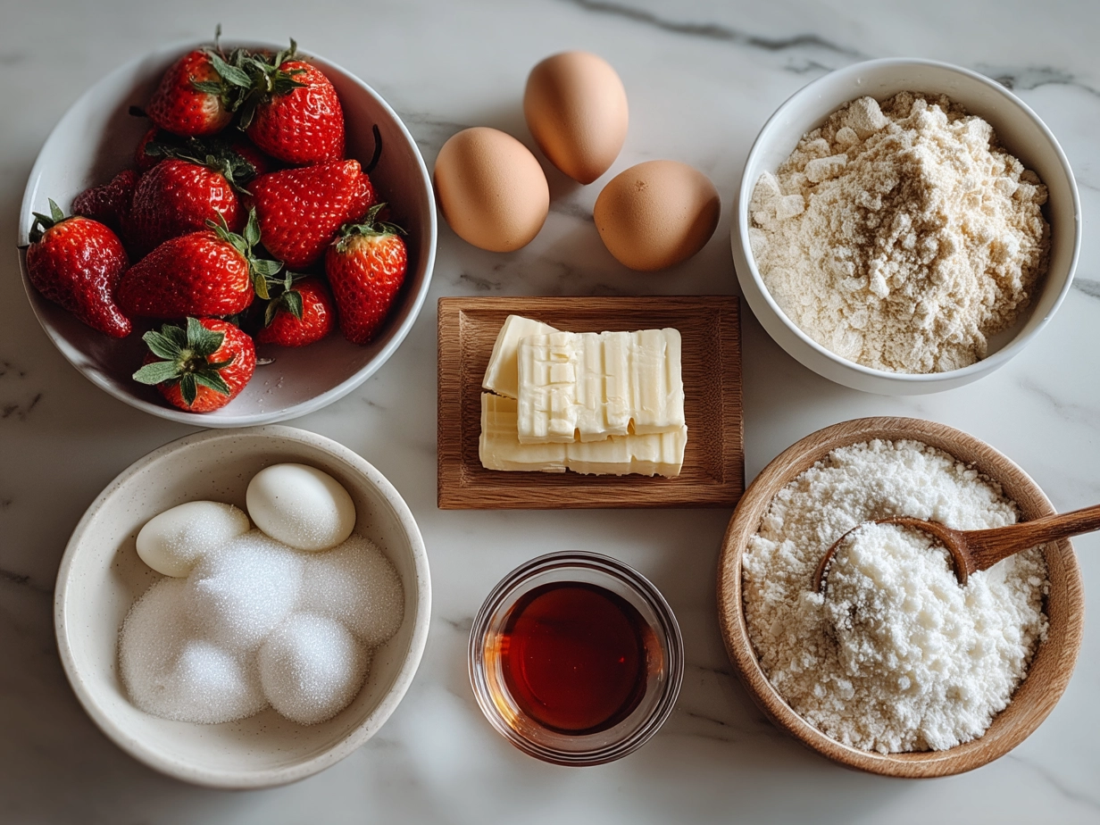 Ingredients laid out for making Strawberry White Chocolate Muffins