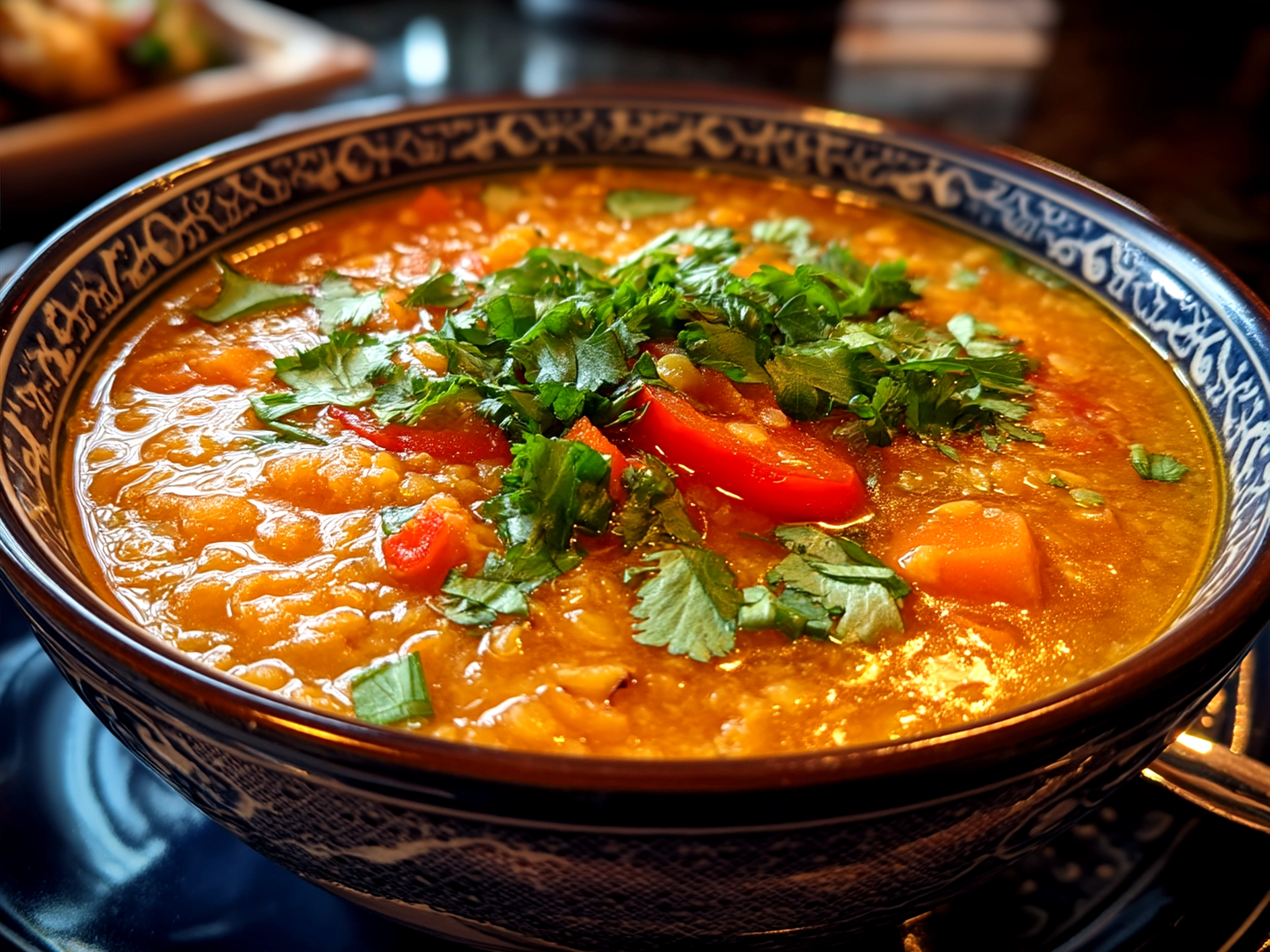 Bowl of Thai Coconut Red Lentil Soup garnished with fresh cilantro and lime wedge ready to serve