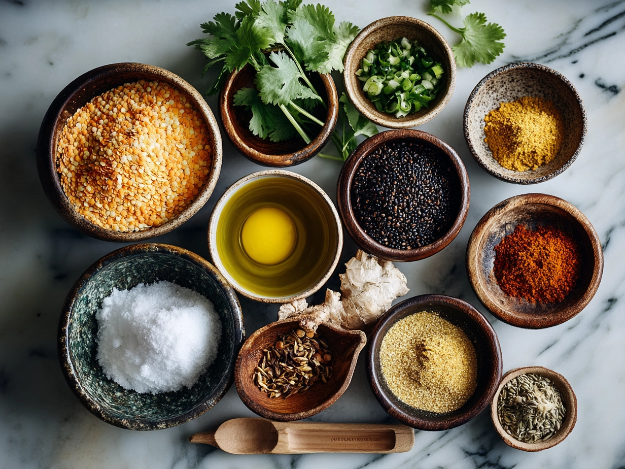 Ingredients for Thai Coconut Red Lentil Soup including red lentils, coconut milk, spices, and fresh herbs