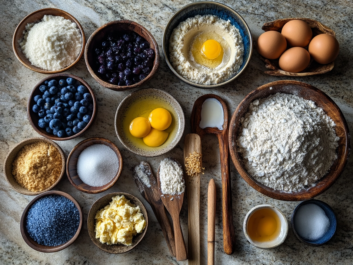 Ingredients for blueberry bagels laid out on a table