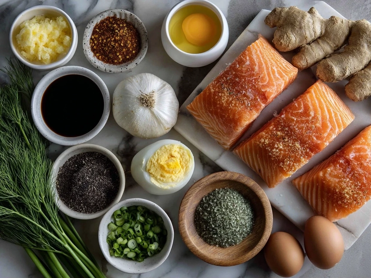 Top down view of raw ingredients for Bang Bang Salmon on marble countertop