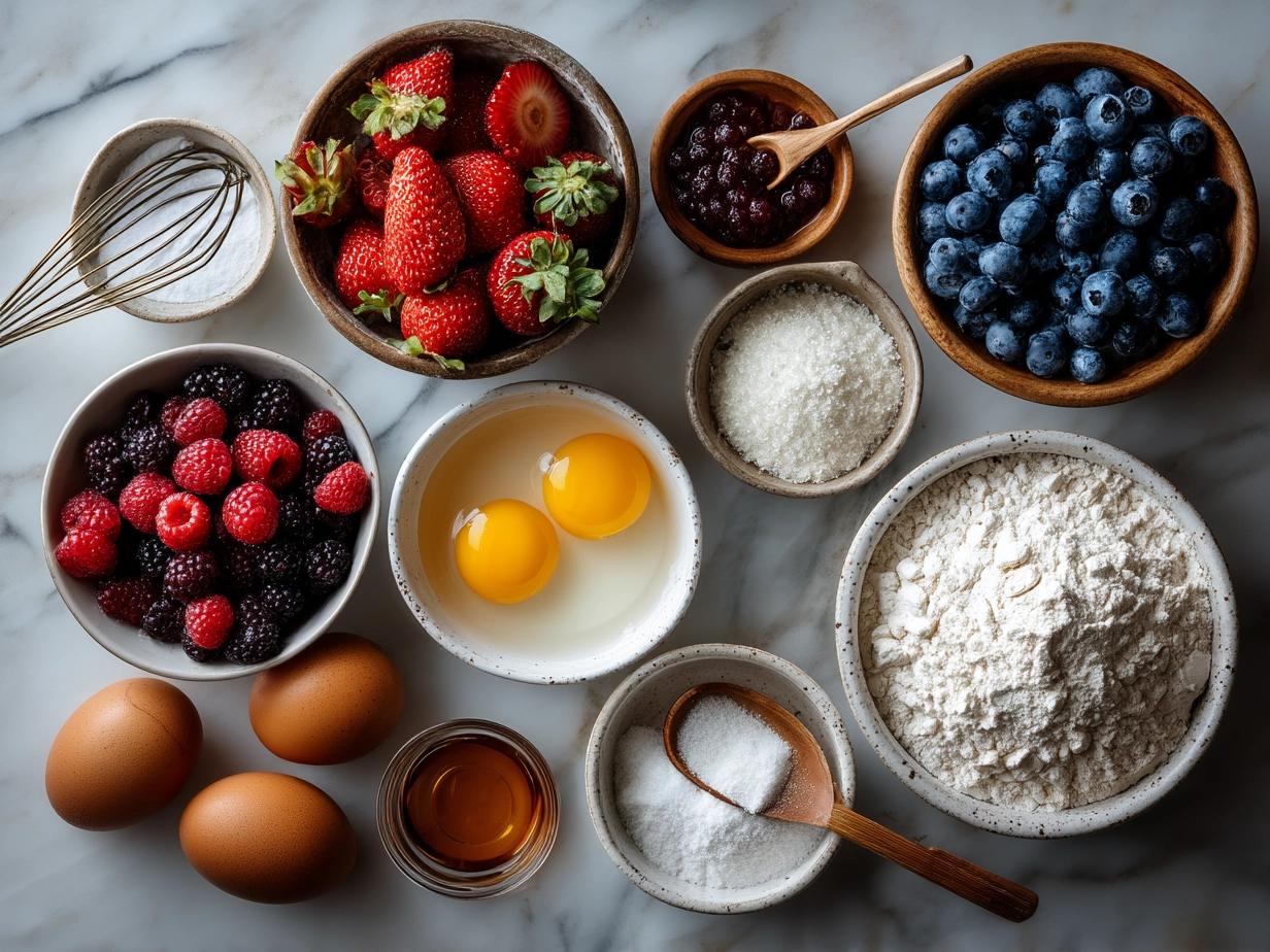 Ingredients for Berry Croissant Bake arranged on marble surface