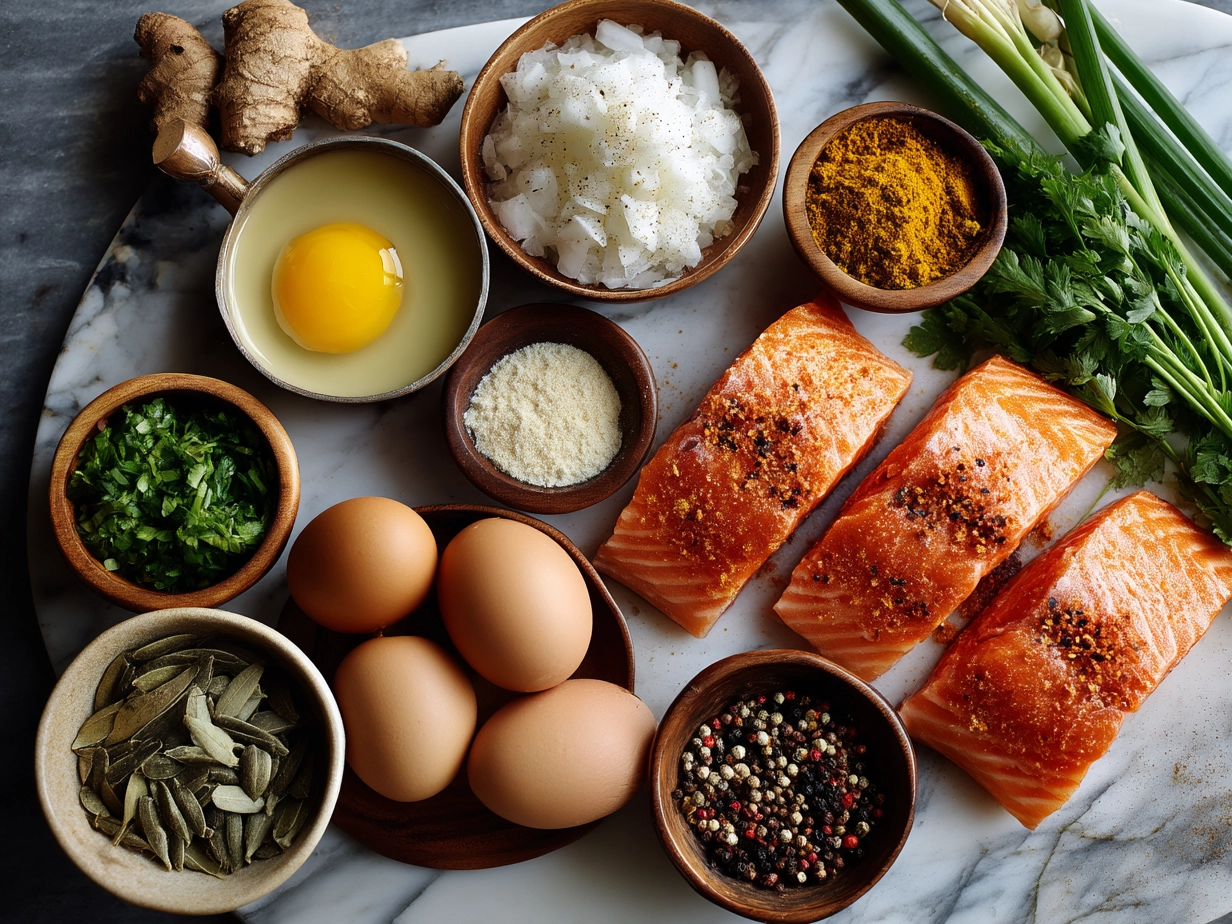 Top down view of raw ingredients for Caribbean-Style Coconut Curry Salmon on marble surface