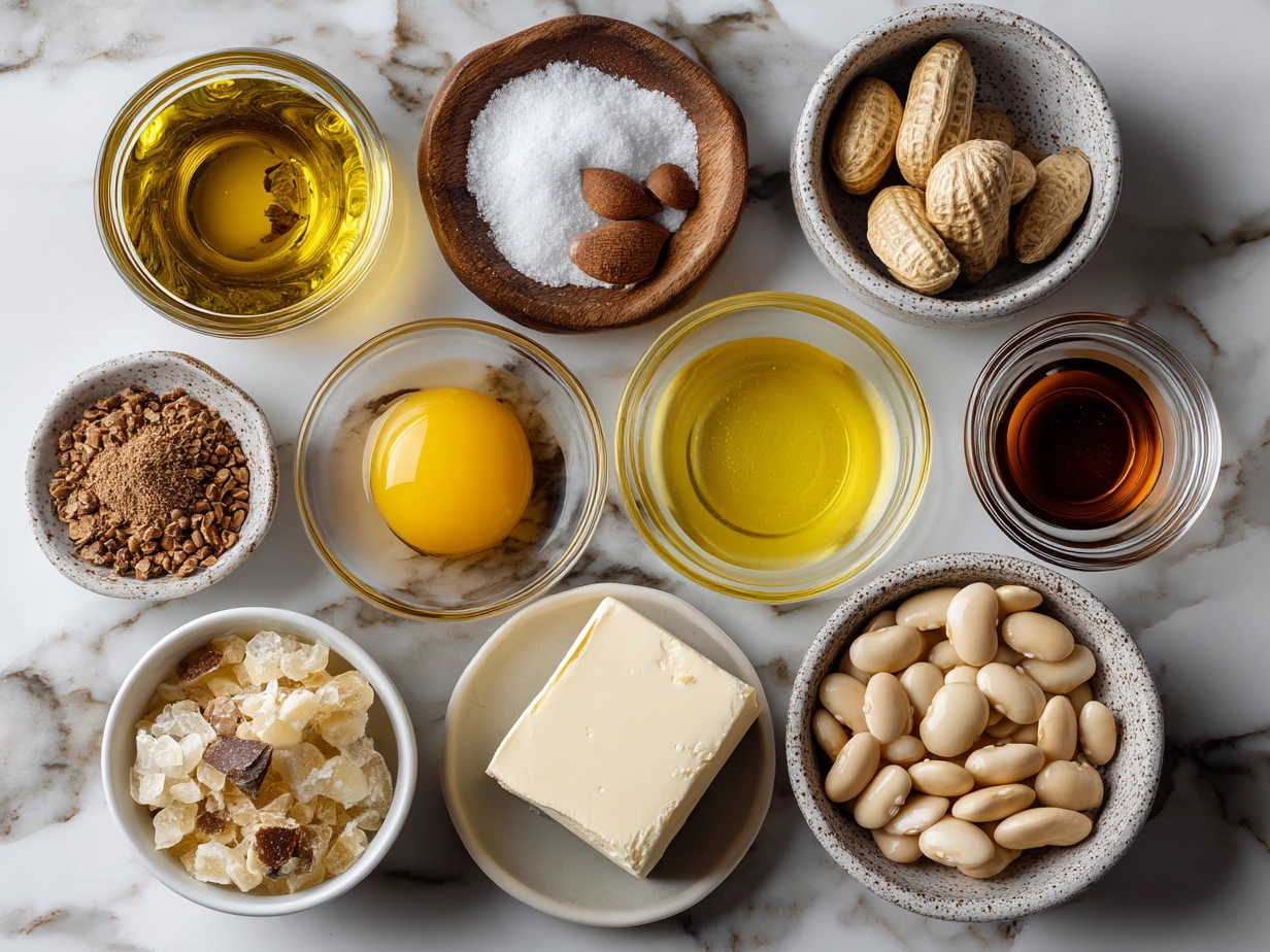 Top down raw ingredients for creamy miso butter beans including butter beans, miso paste, butter, garlic, soy sauce, and herbs