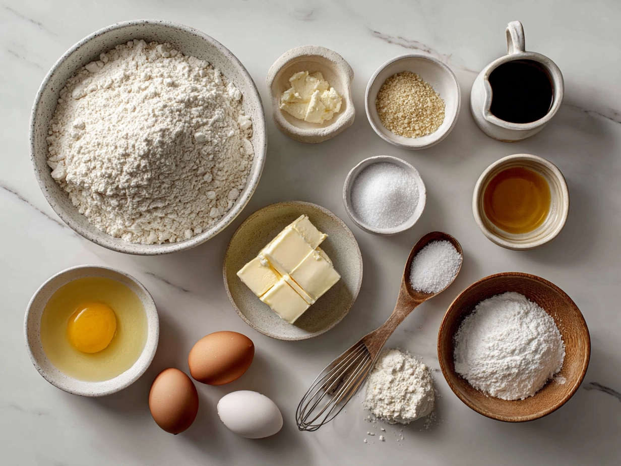 Top down raw ingredients for crispy chicken waffle on marble kitchen counter, organized mise en place