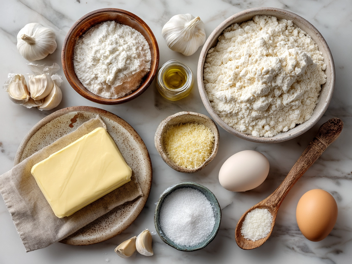 Top down raw ingredients for garlic butter dinner rolls on marble countertop with organized mise en place in modern kitchen