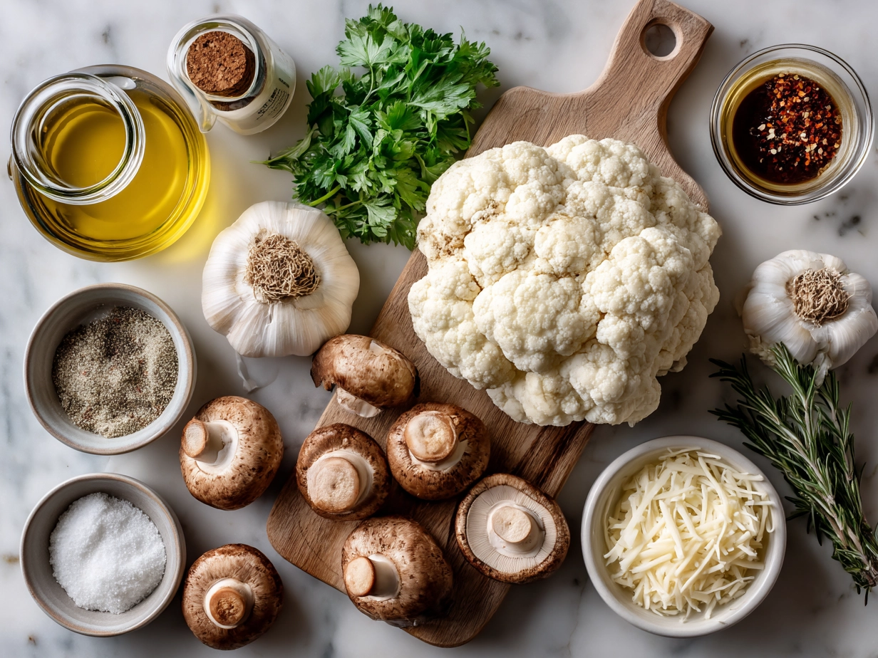 Top-down view of raw ingredients for garlic cauliflower mushroom skillet on marble surface