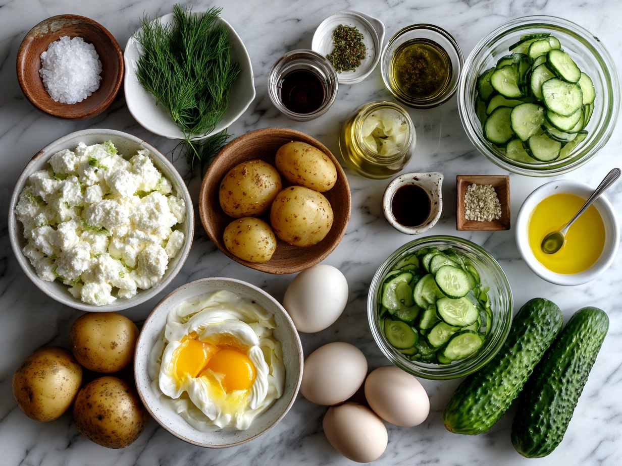 Top down view of raw ingredients for Greek Yogurt Potato Salad with Cucumbers including potatoes, cucumbers, dill, lemon, garlic