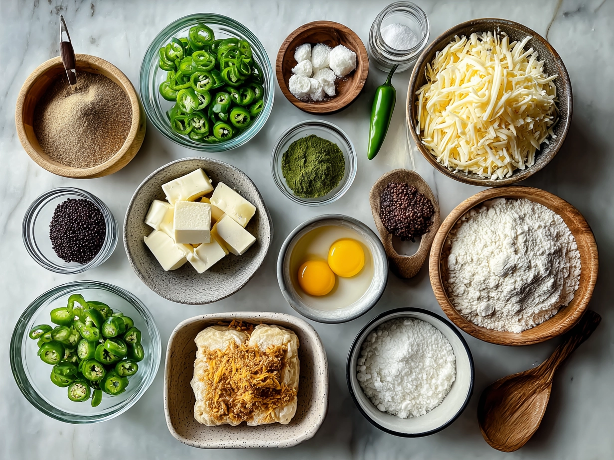Top-down view of raw ingredients for Jalapeno Popper Pinwheels including cream cheese, fresh jalapenos, shredded cheddar, bacon, and crescent roll dough