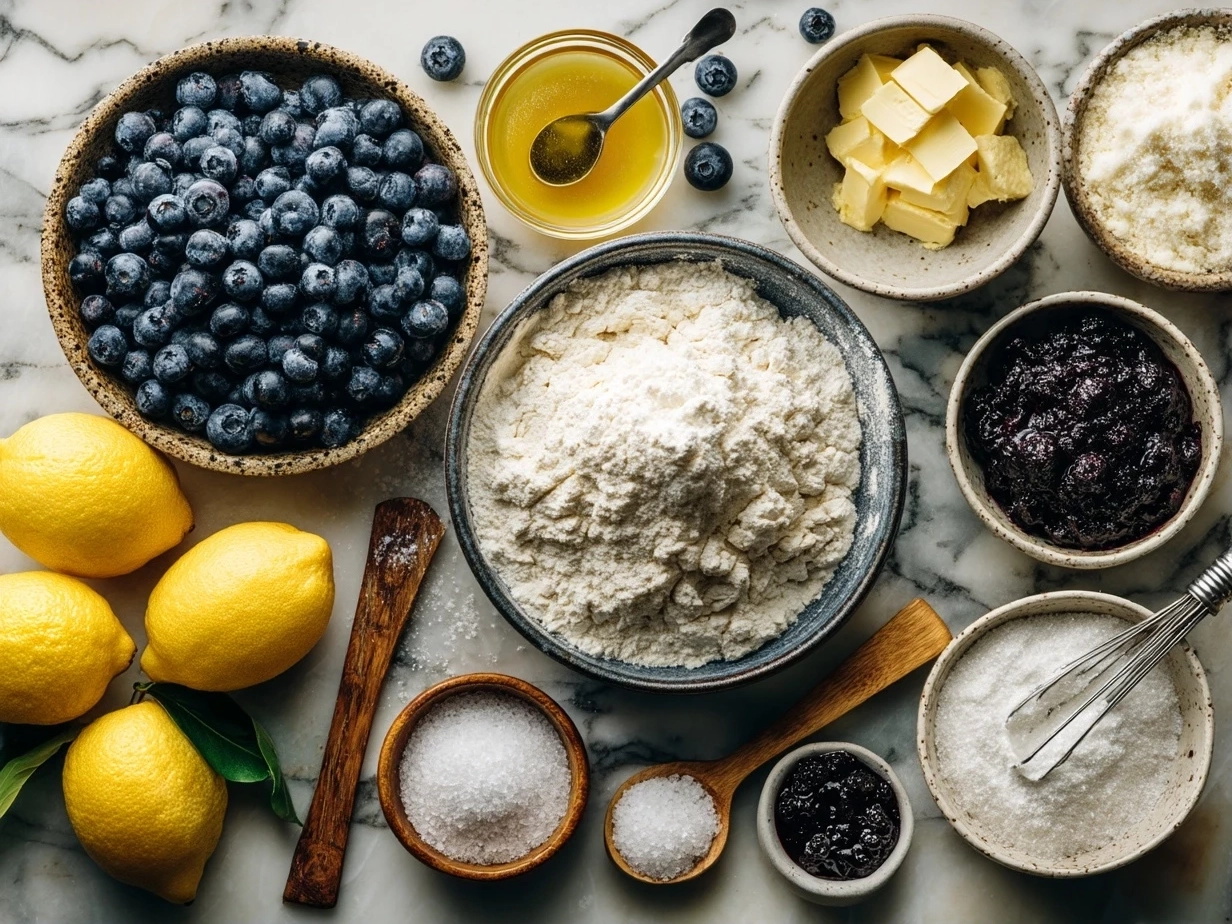 Raw ingredients for Lemon Blueberry Sourdough Bread arranged on a wooden table