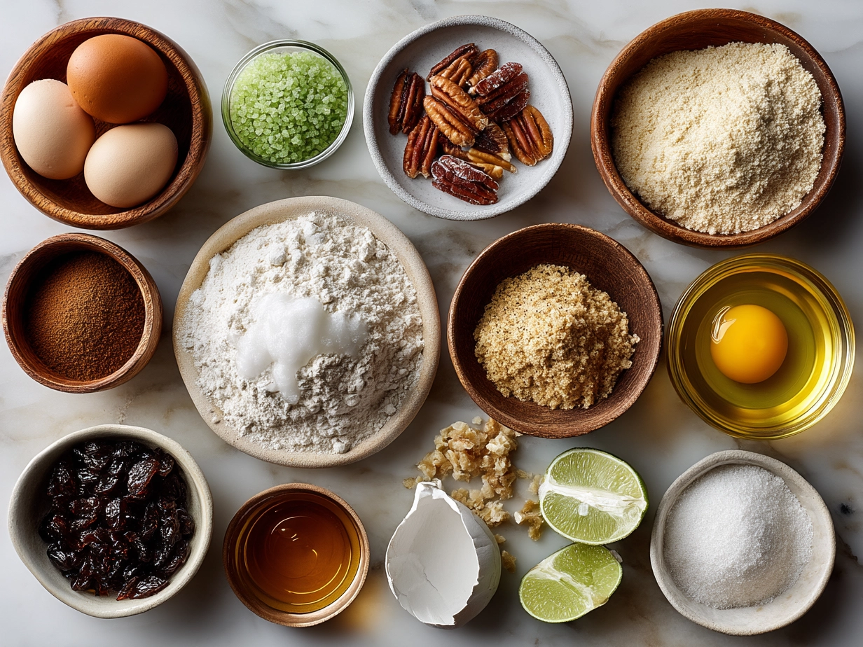 Top down raw ingredients for Mardi Gras King Cake on marble