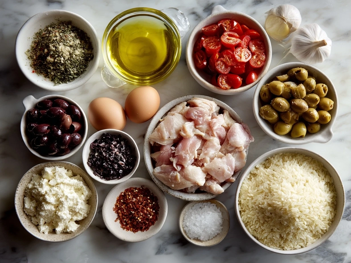 Top down view of raw ingredients for Mediterranean Chicken Orzo on marble